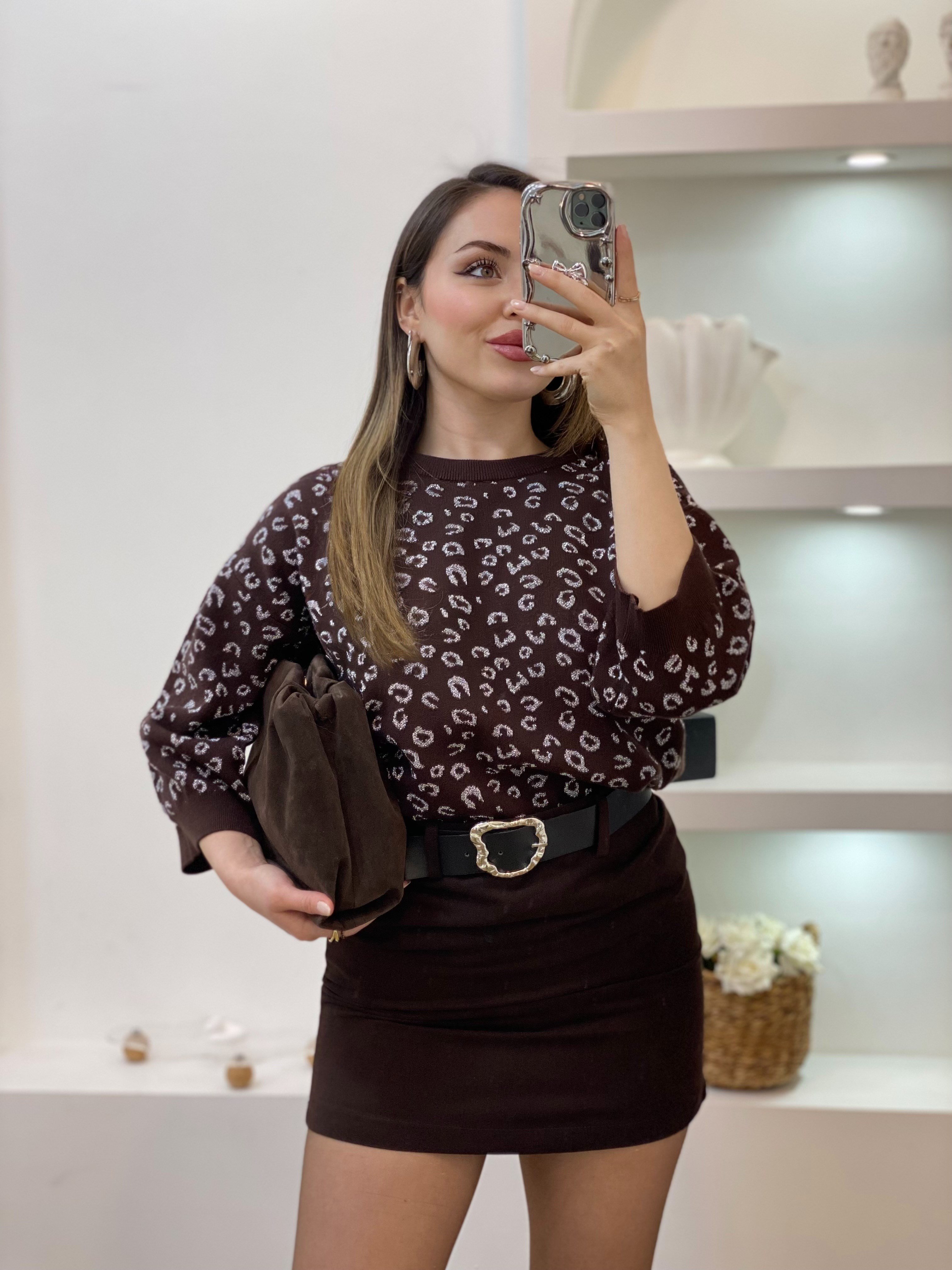Kahve Gümüş Sim İplik Dokulu Triko