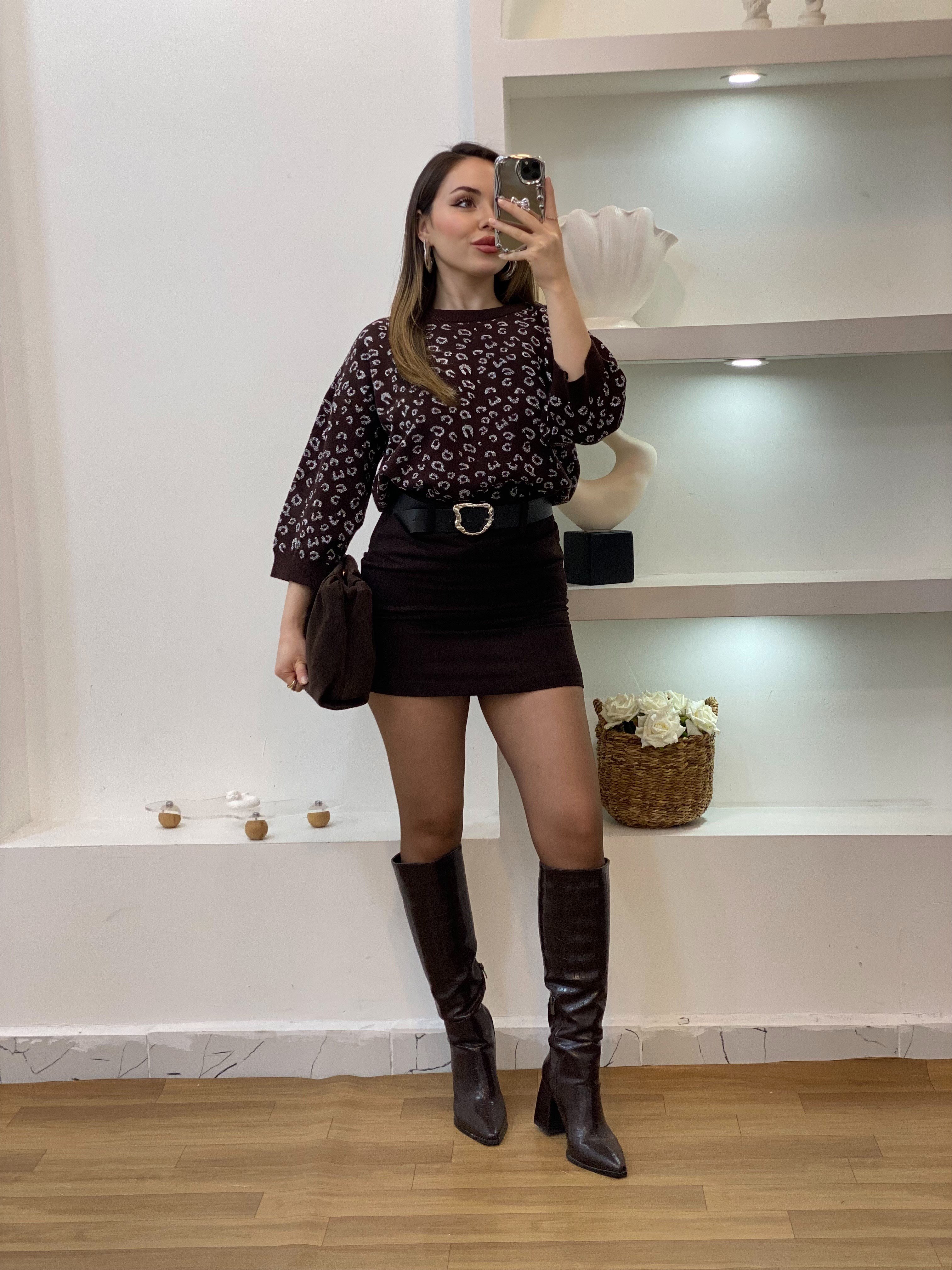 Kahve Gümüş Sim İplik Dokulu Triko