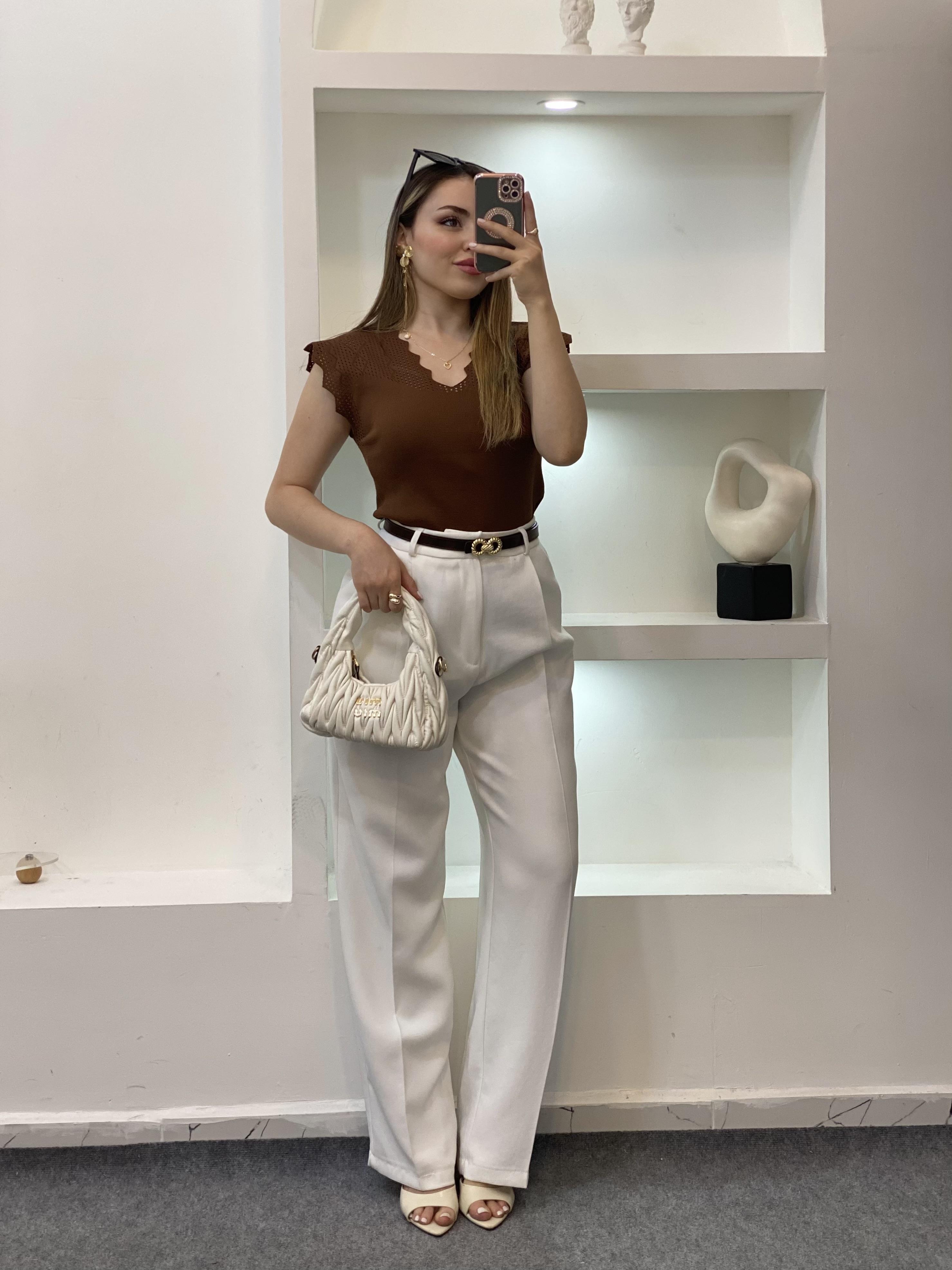Kahve Kolları Delikli Model Triko Bluz