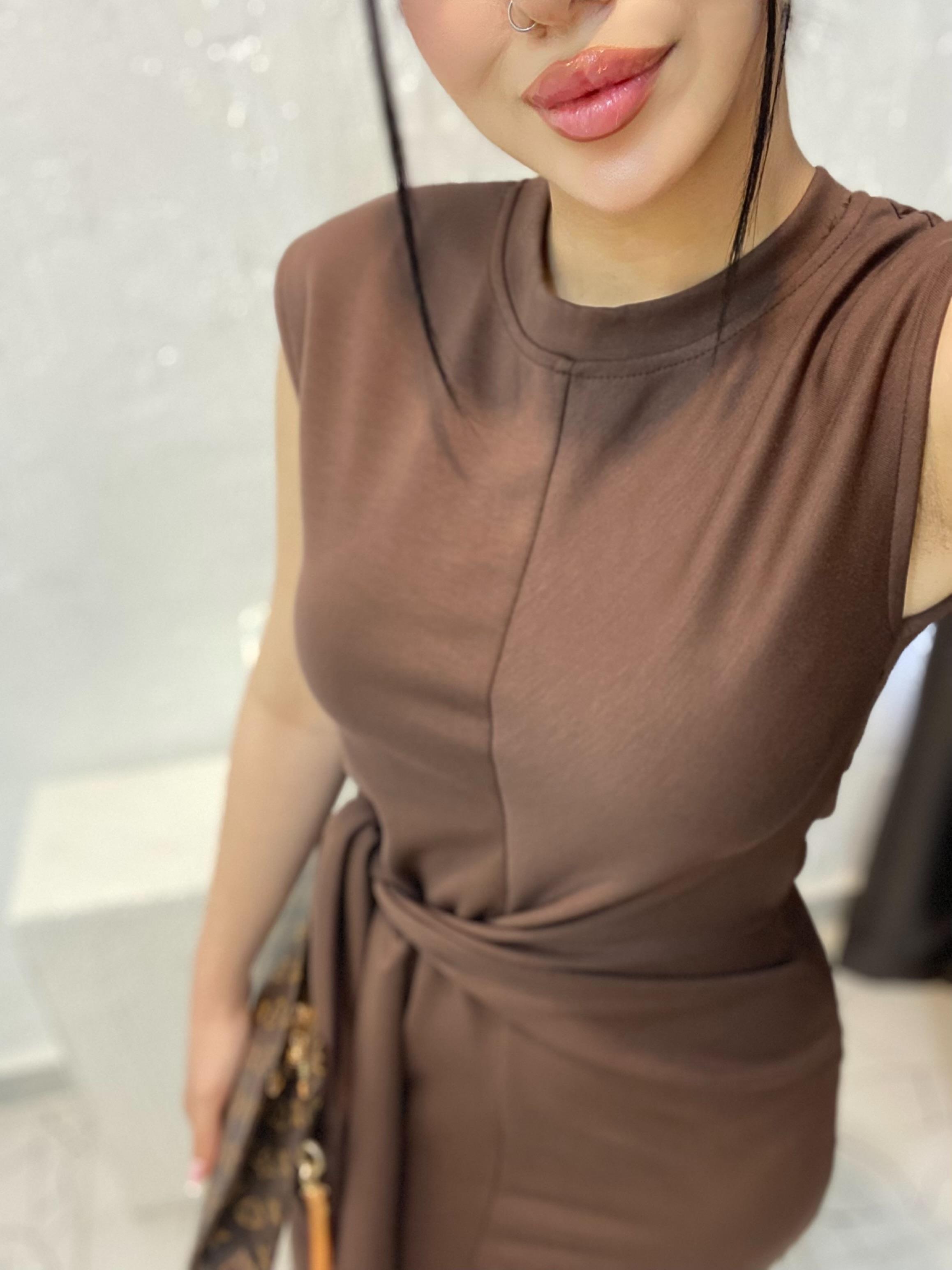 Kahve Kuşak Detaylı Modal Kumaş Elbise 