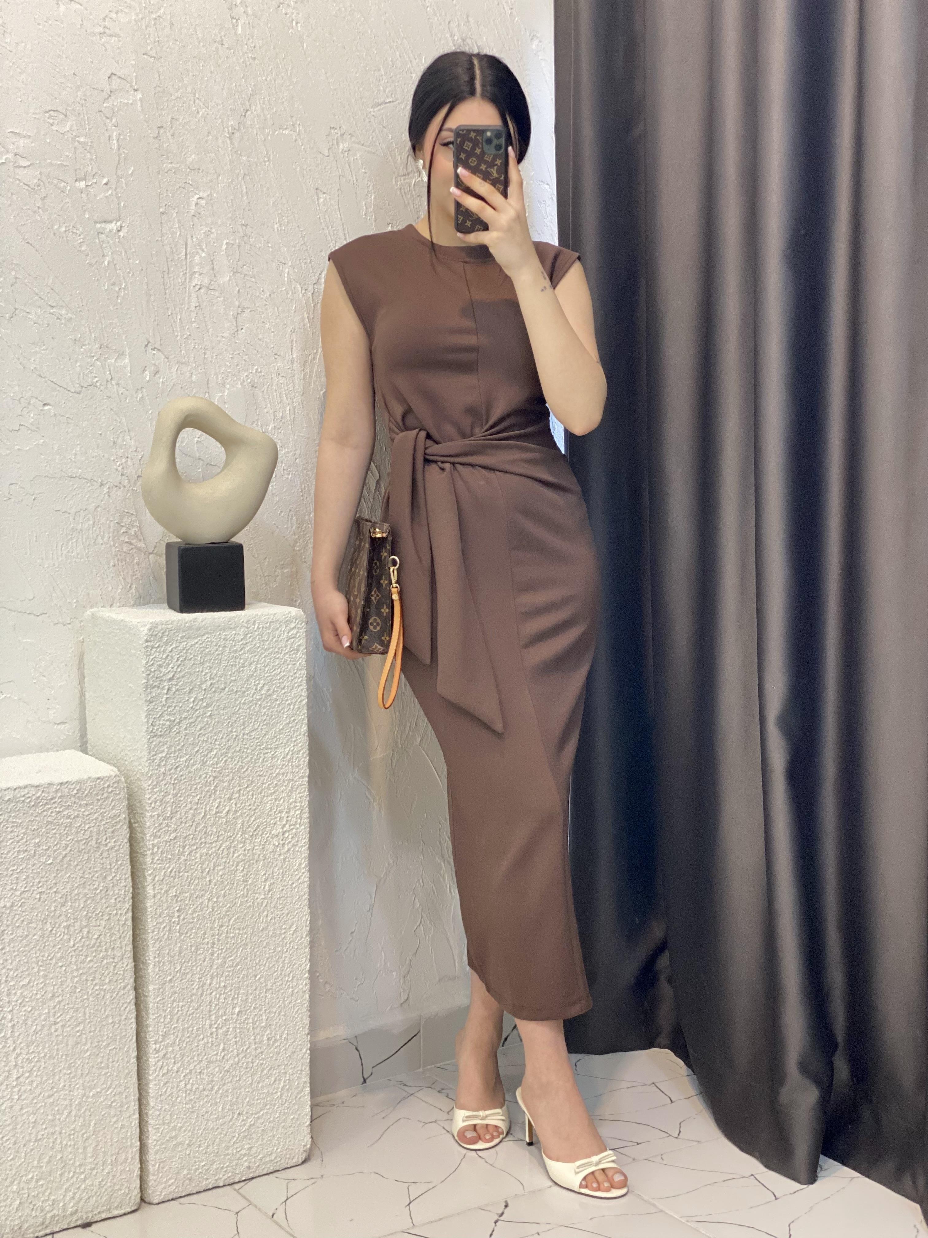 Kahve Kuşak Detaylı Modal Kumaş Elbise 