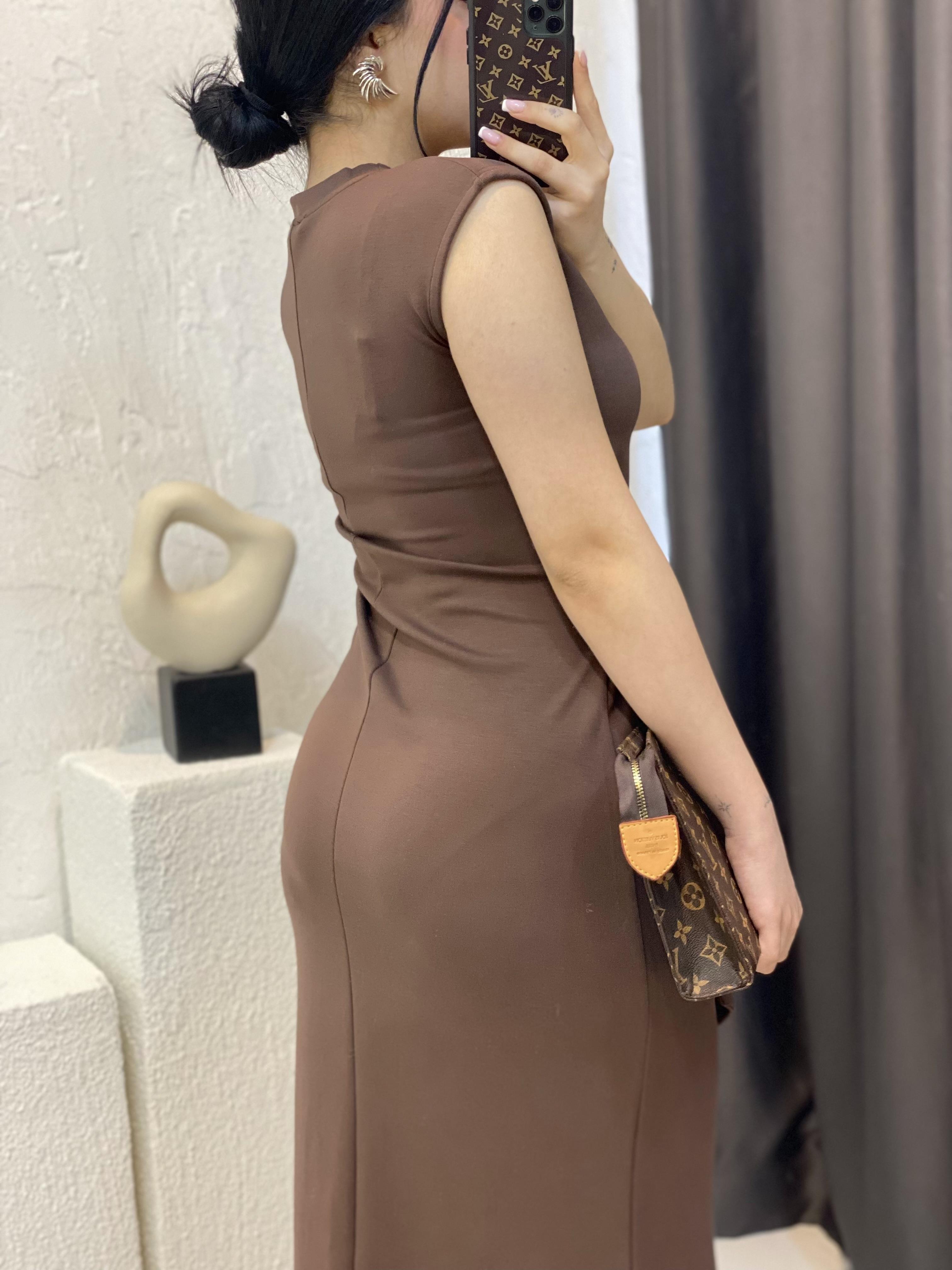 Kahve Kuşak Detaylı Modal Kumaş Elbise 
