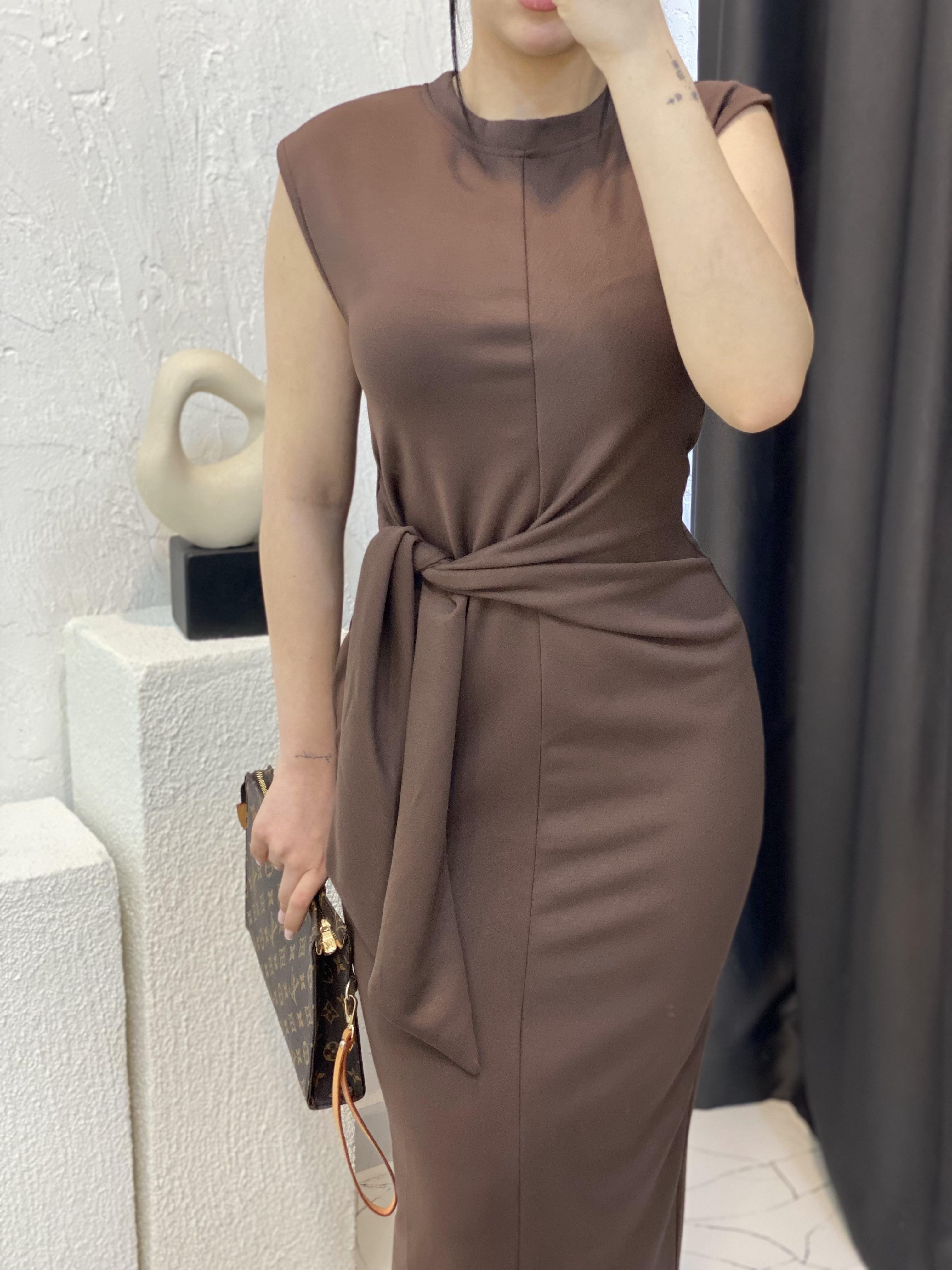 Kahve Kuşak Detaylı Modal Kumaş Elbise 