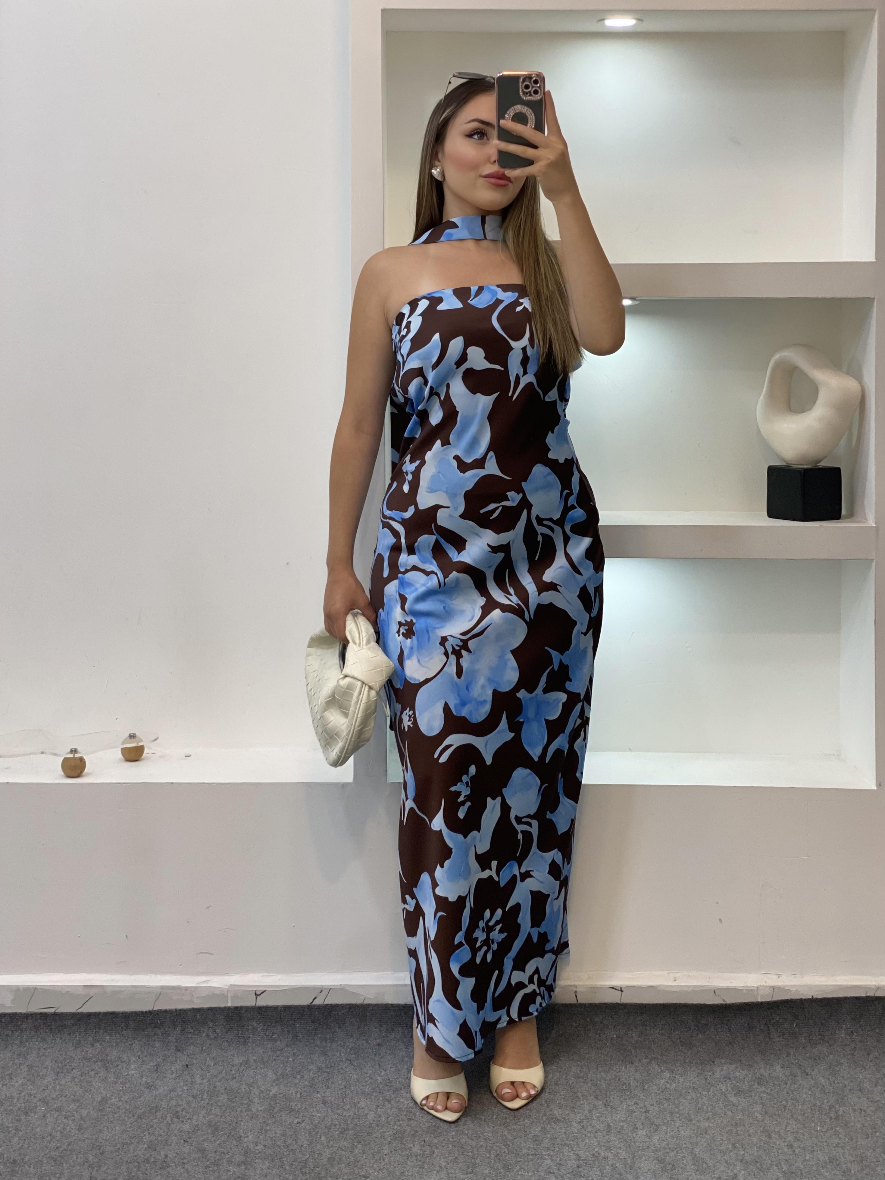 Kahve Mavi Kontrast Fularlı Elbise
