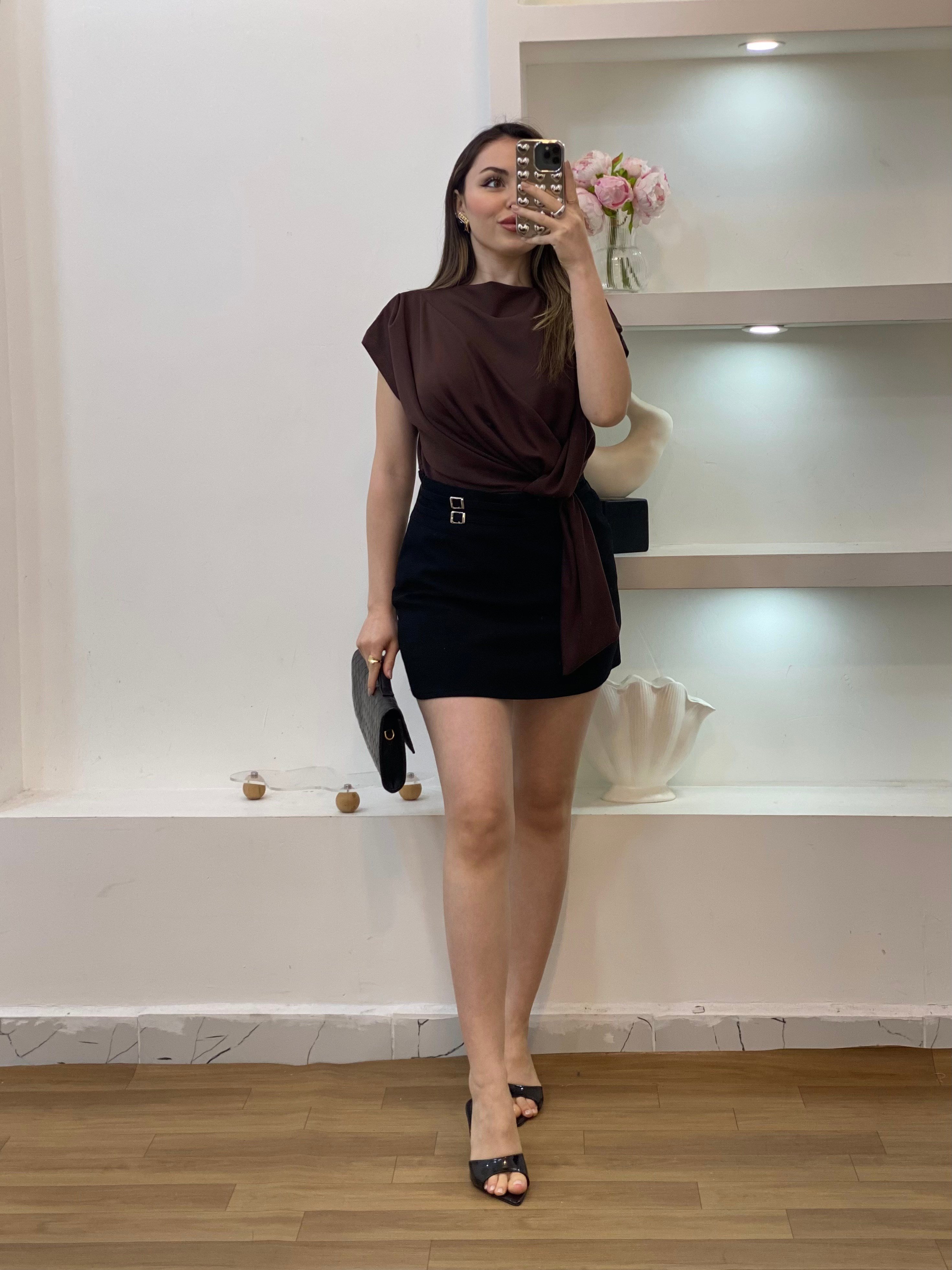 Kahve Modal Kumaş Düğümlü Model Bluz