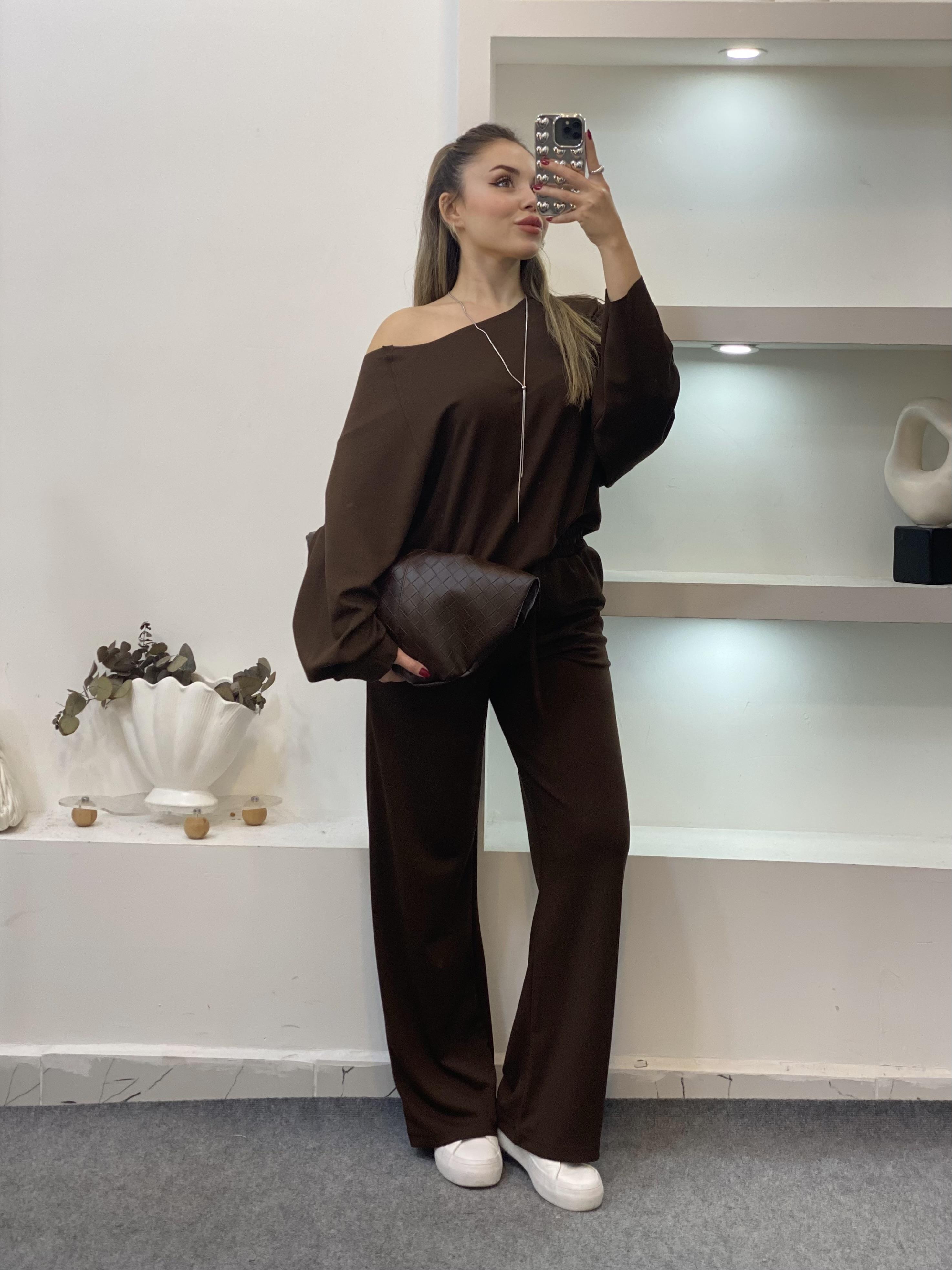 Kahve Modal Kumaş Eşofman Takımı 