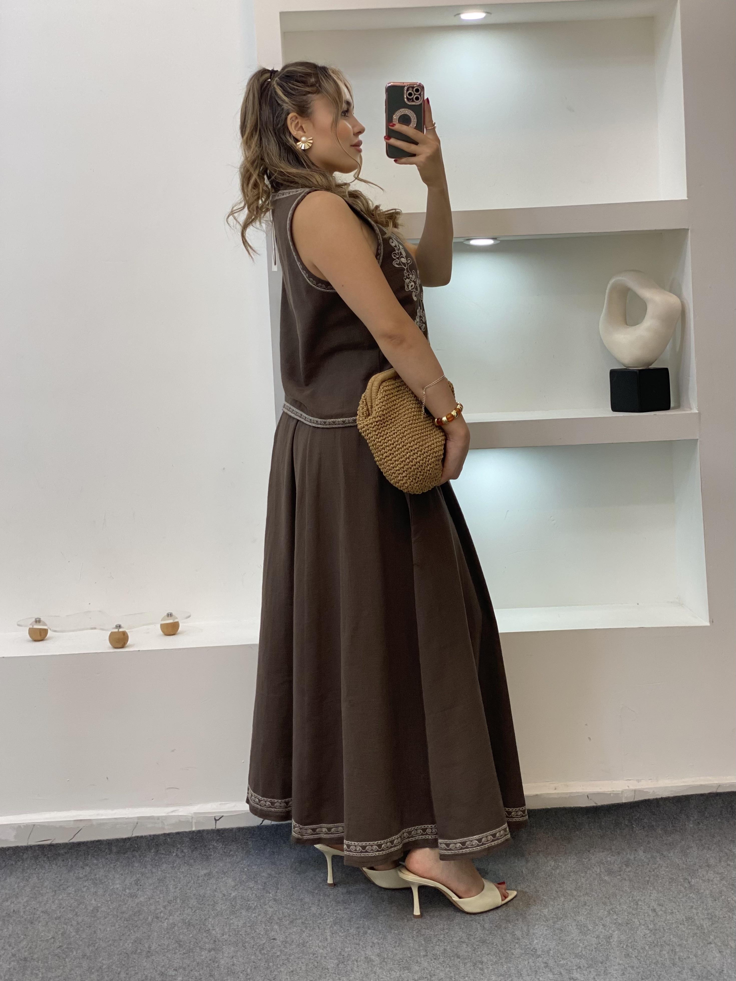 Kahve Nakışlı Yelek Etek Keten Takım