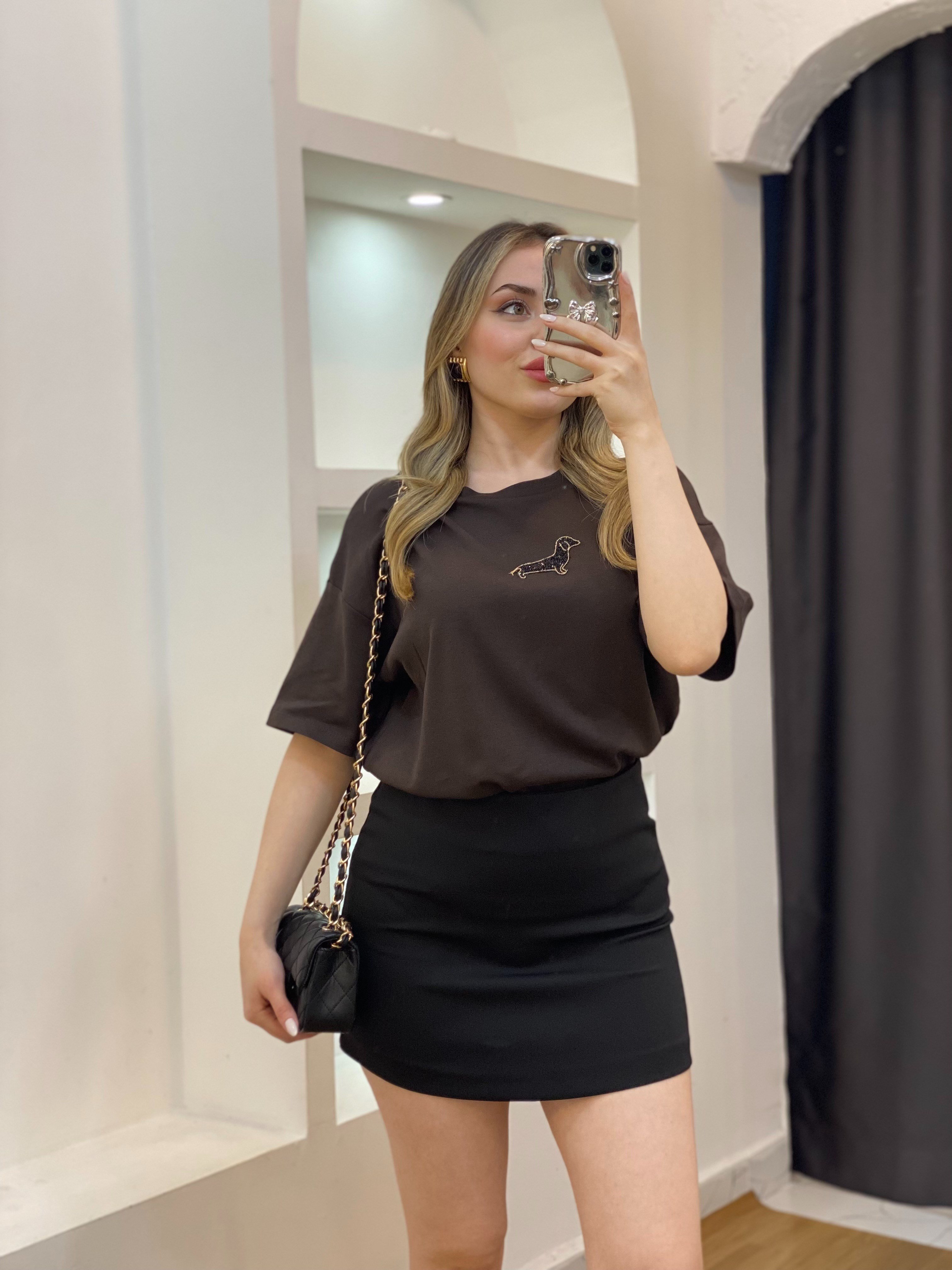 Kahve Önü Figürlü  Pamuklu Tshirt 