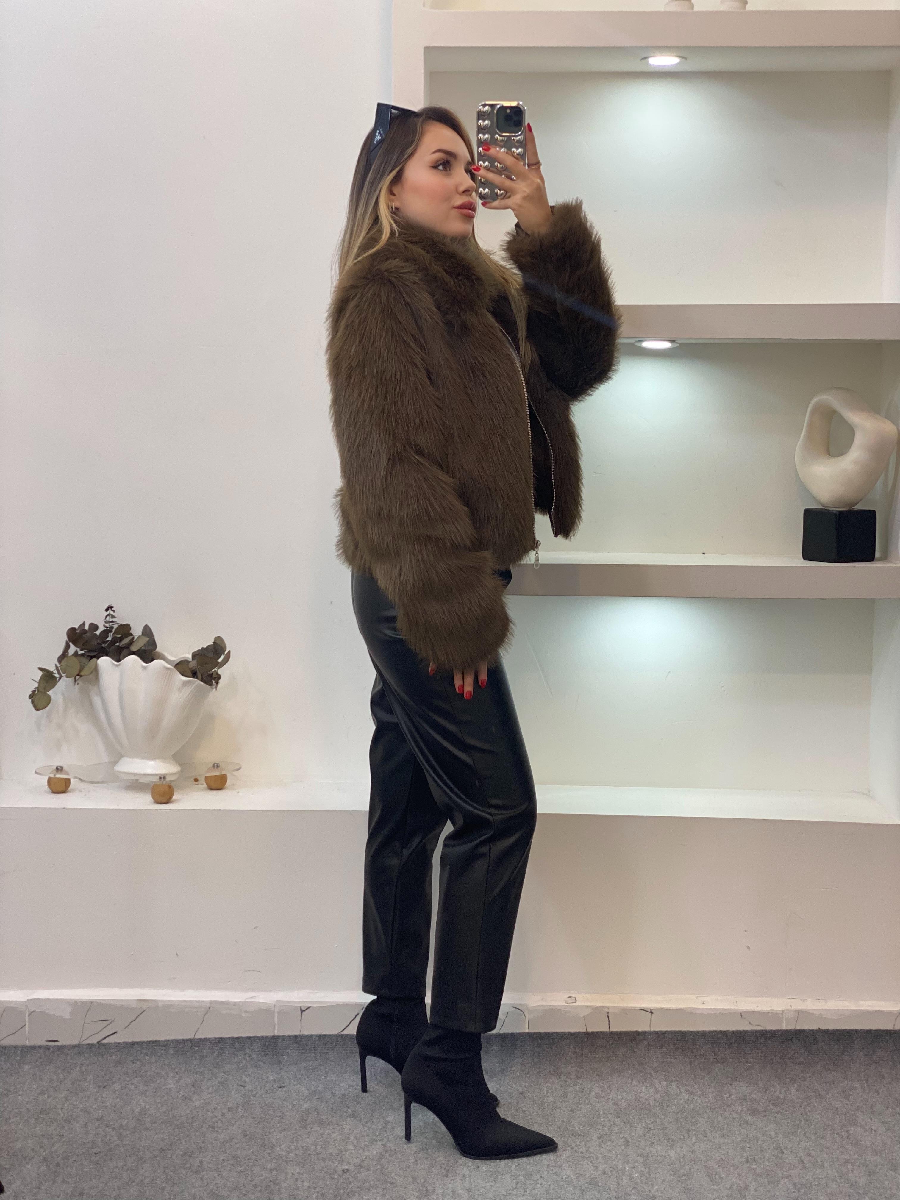 Kahve Premium Fermuarlı Kürk