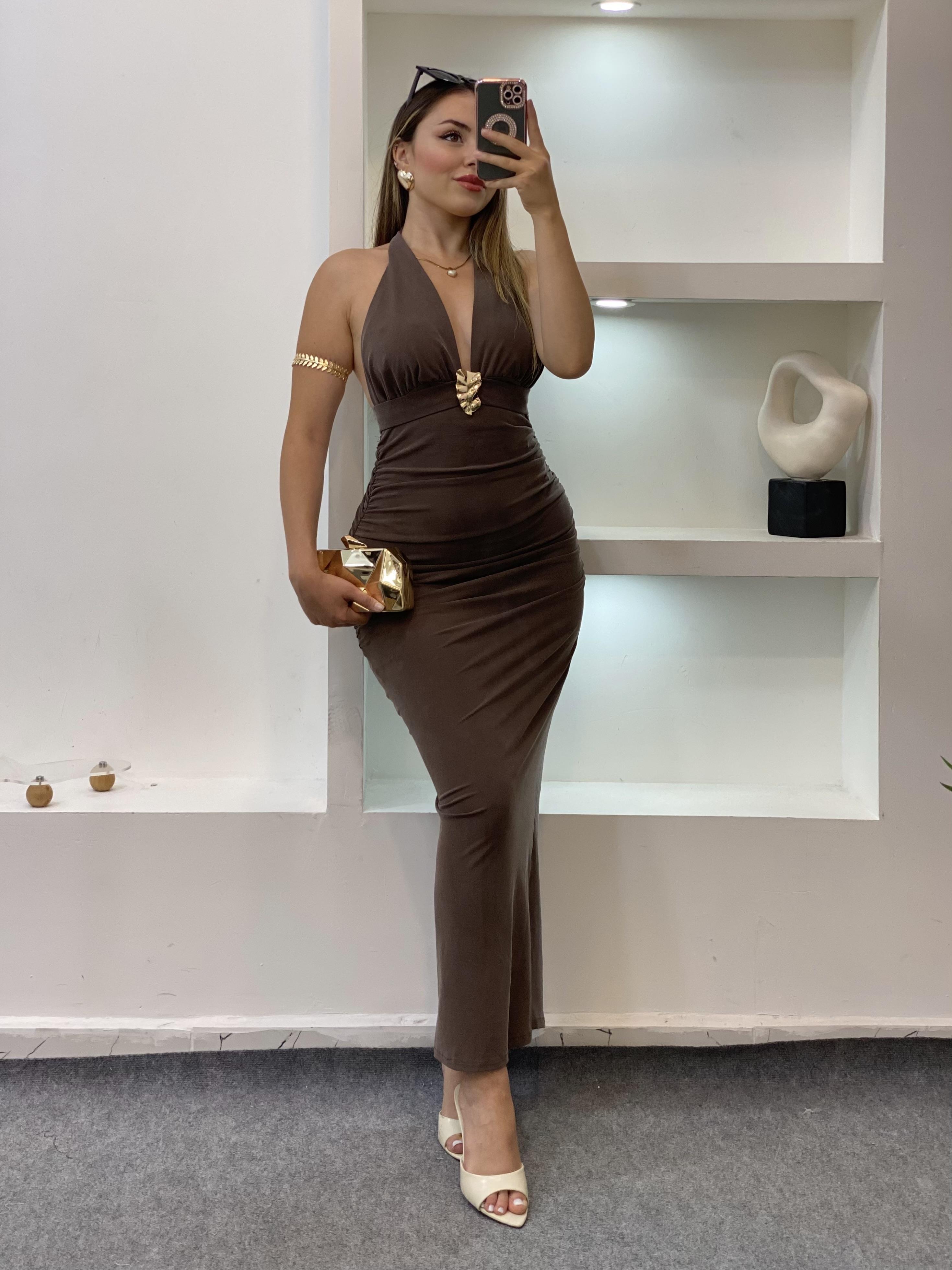 Kahve Premium Kalite Sırt Dekolteli Elbise