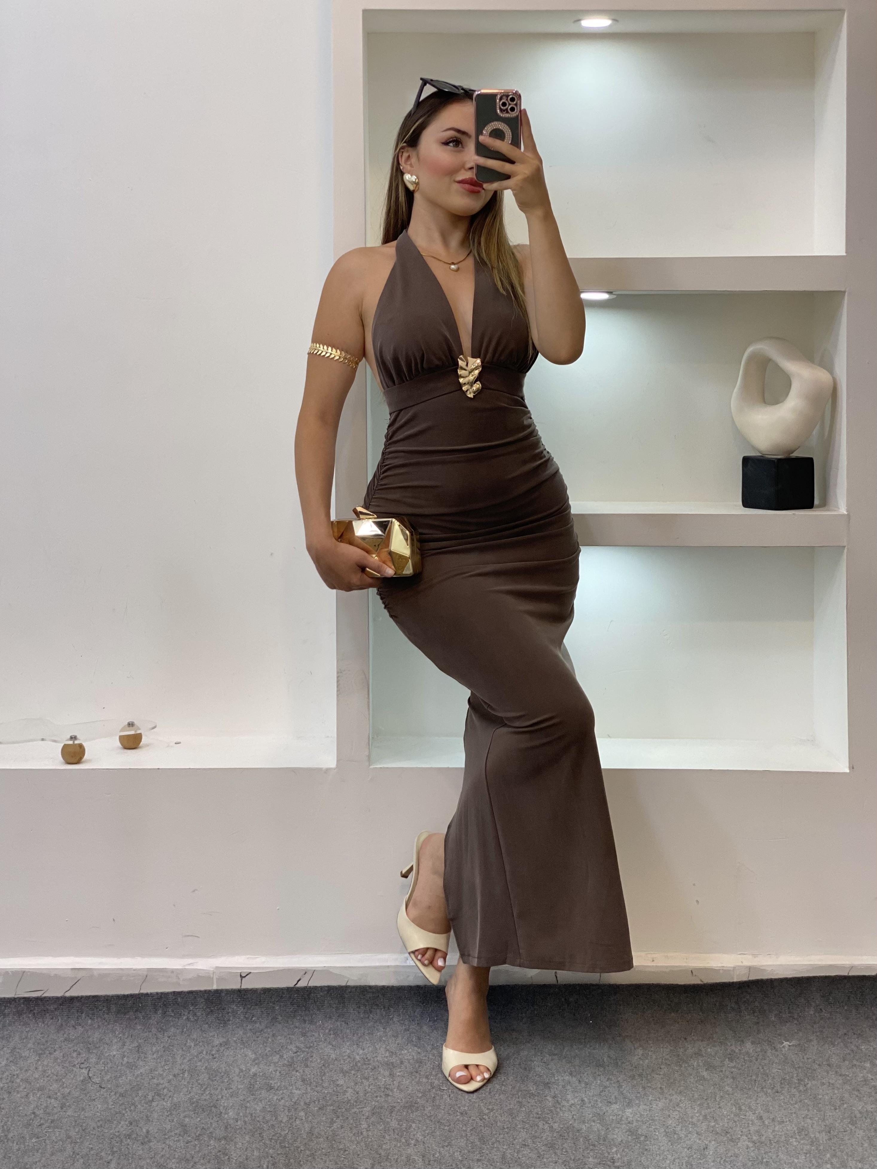 Kahve Premium Kalite Sırt Dekolteli Elbise