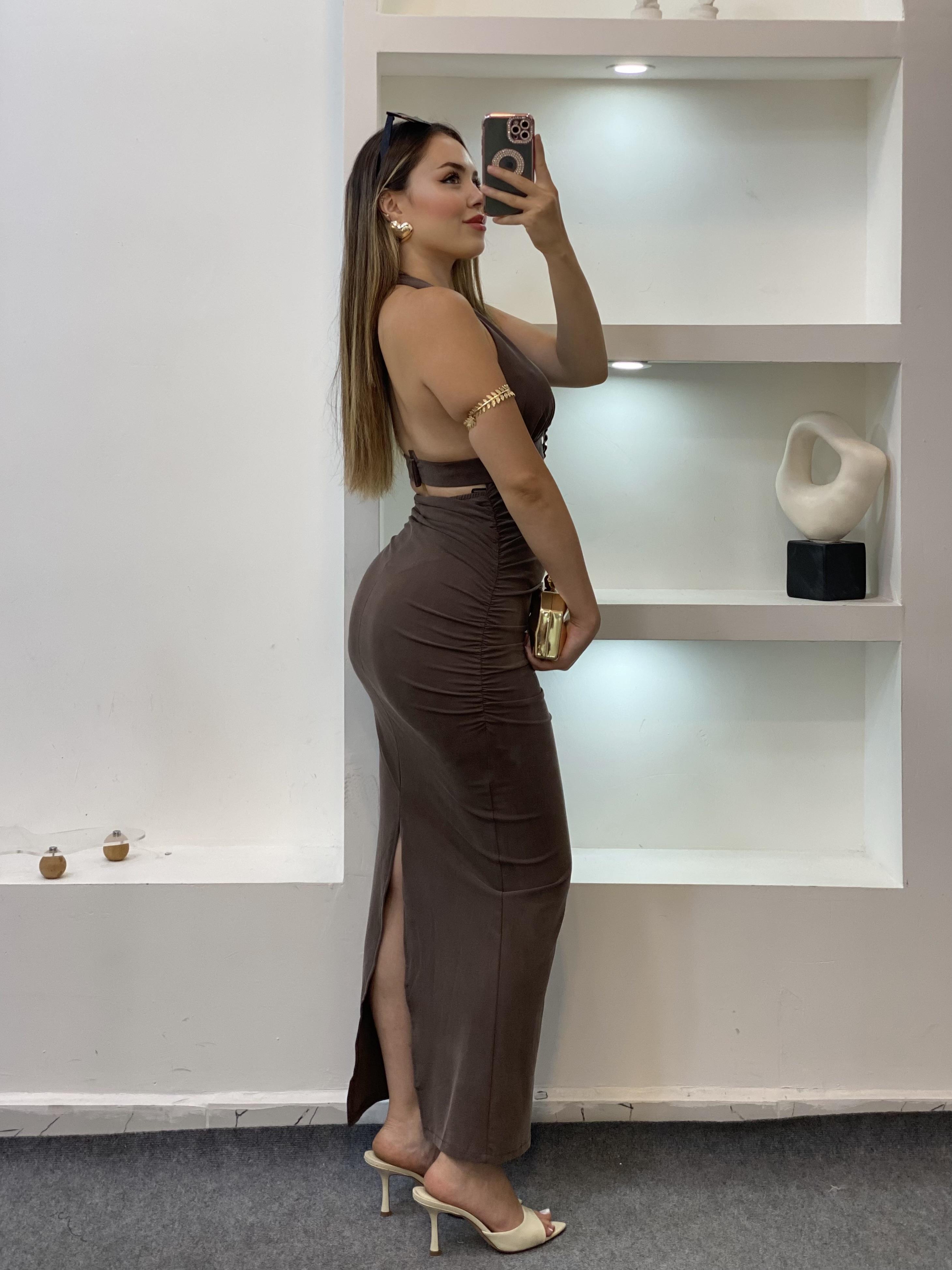 Kahve Premium Kalite Sırt Dekolteli Elbise