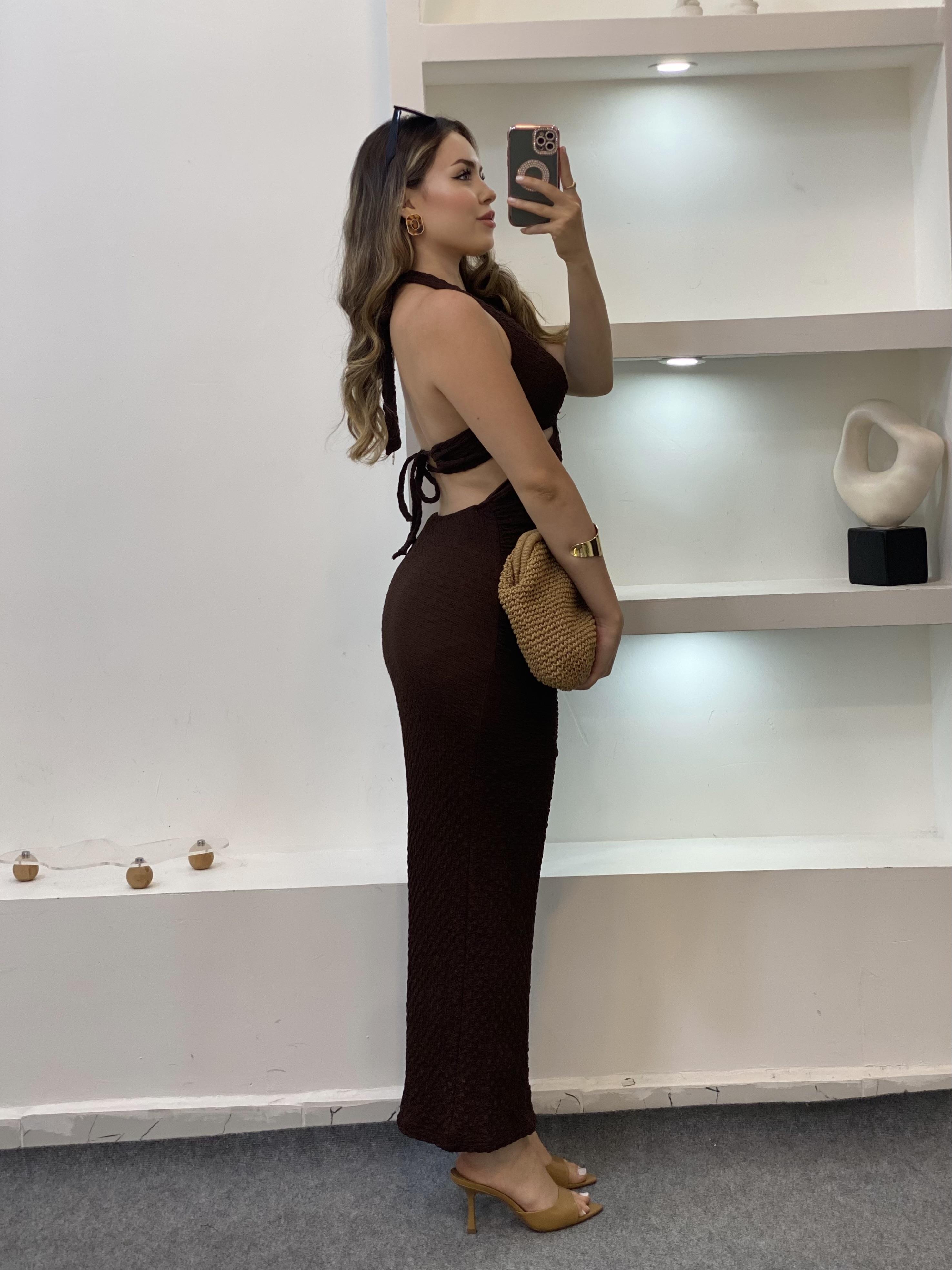 Kahve Premium Kalite Sırt Dekolteli Elbise