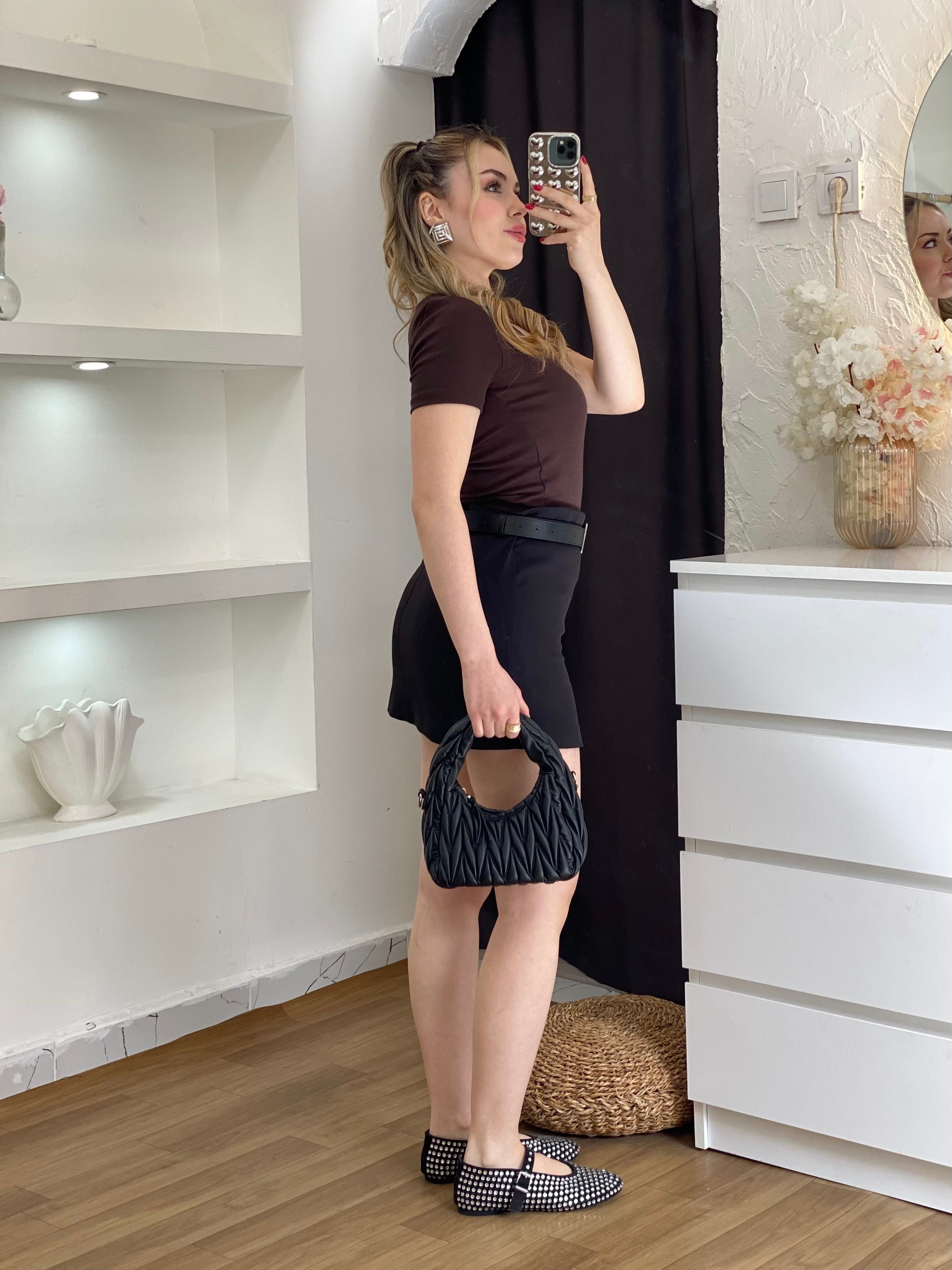 Kahve Sandık Yaka Kısa Kol Basic Bluz