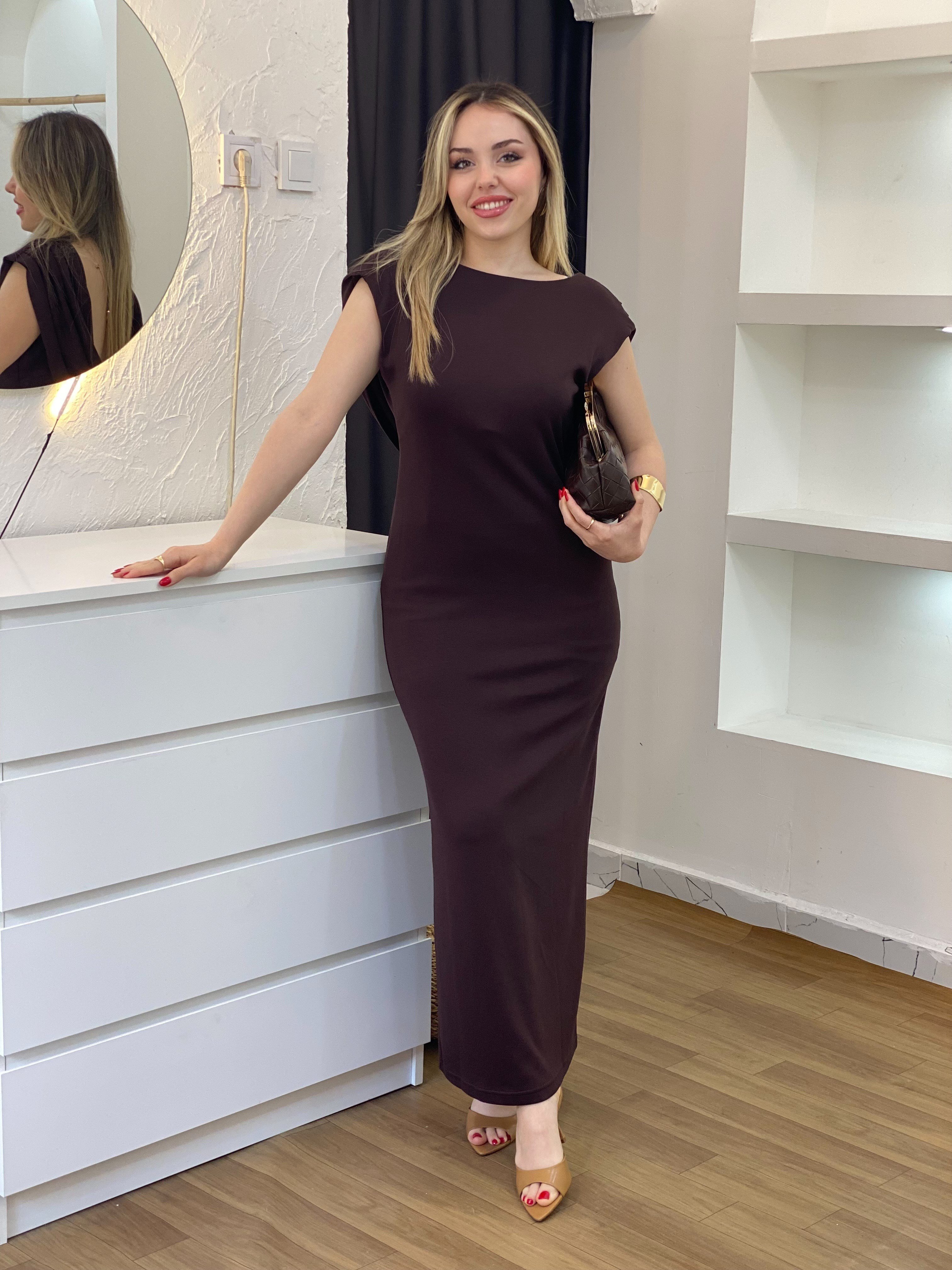 Kahve Sırt Dekolteli Modal Kumaş Likralı Elbise