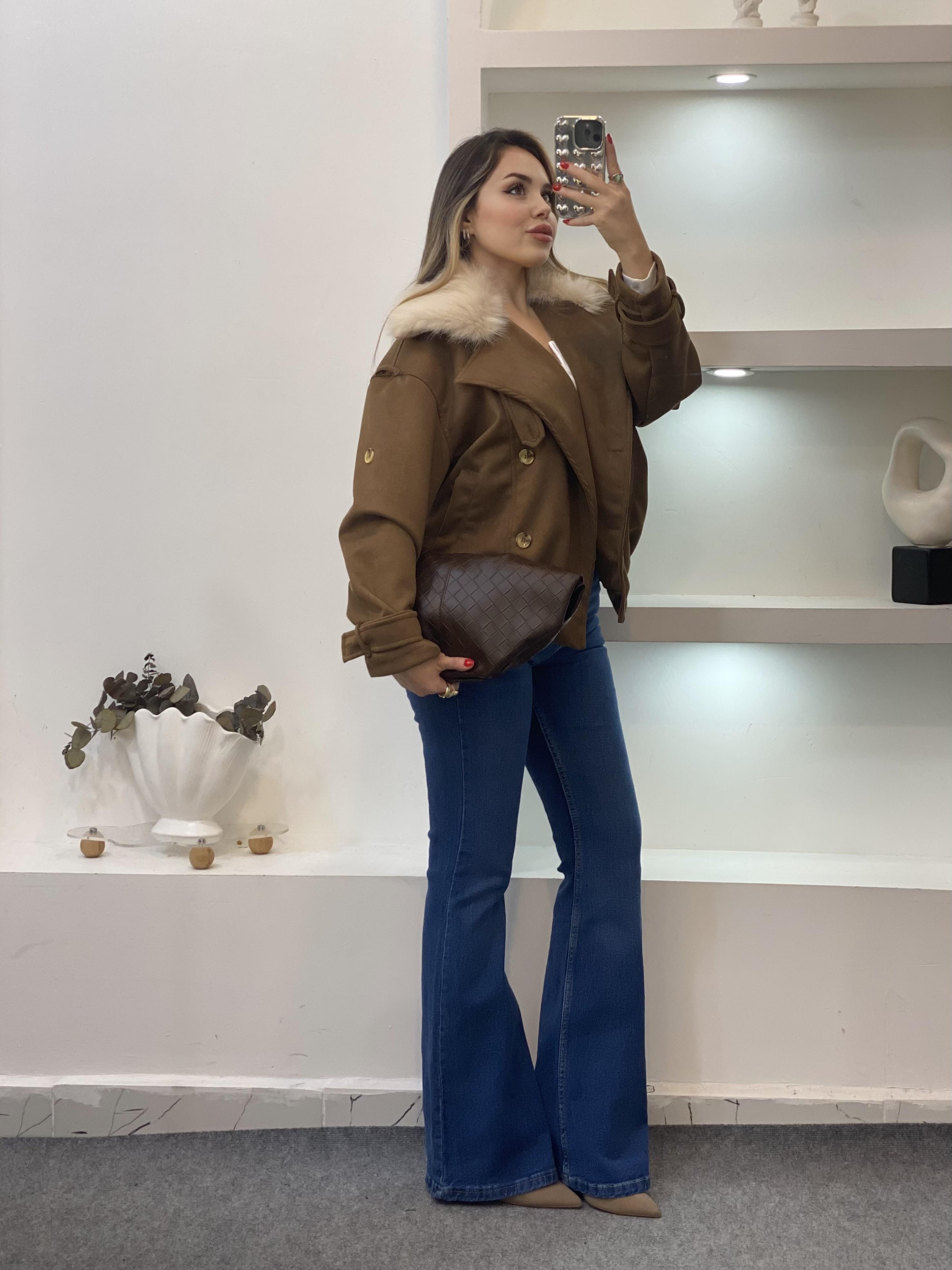Kahve Yaka Kürklü Süet Ceket