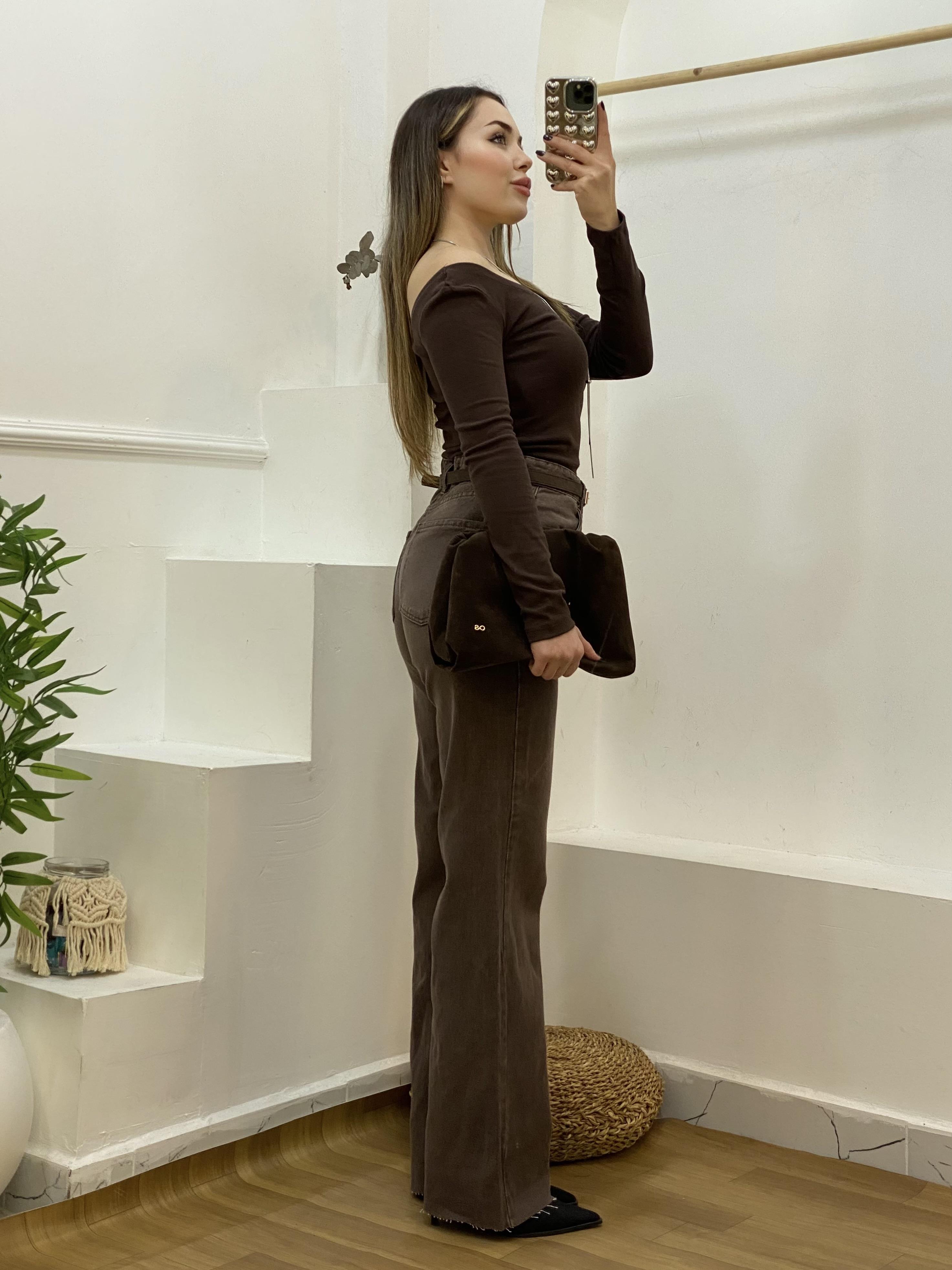 Kahve Yıkamalı Yüksek Bel Straight Jean