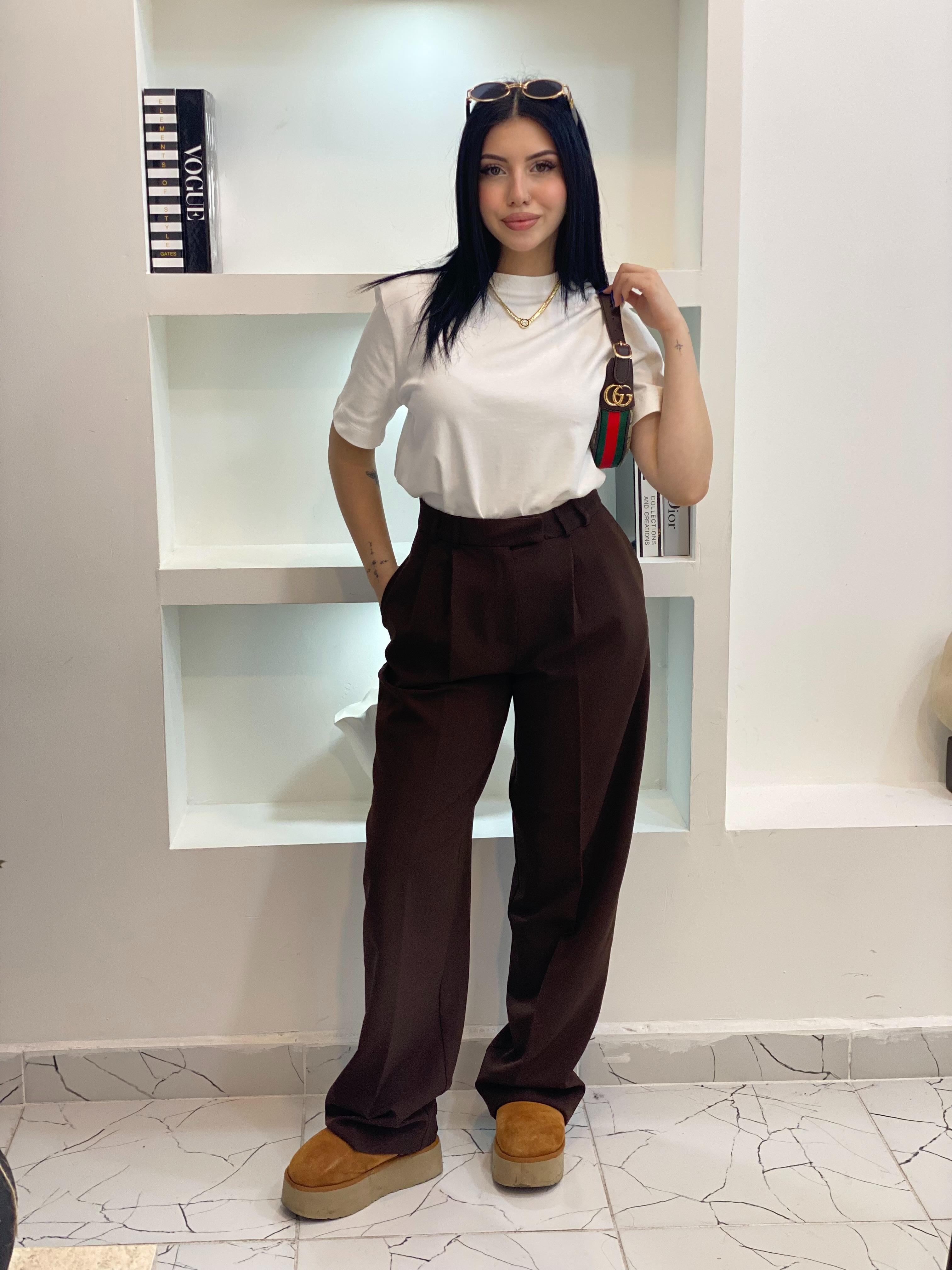 Kahve Yüksek Bel 4 Mevsim Giyilen Palazzo Pantolon 