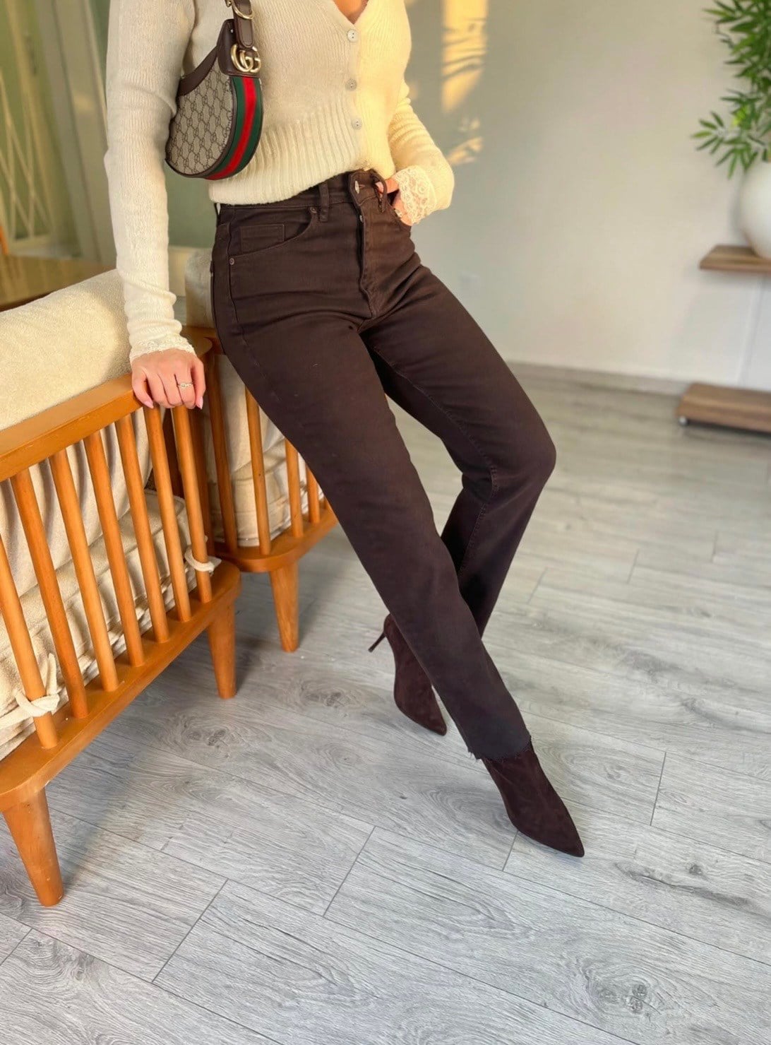 Kahve Yüksek Bel Boyfit Jean