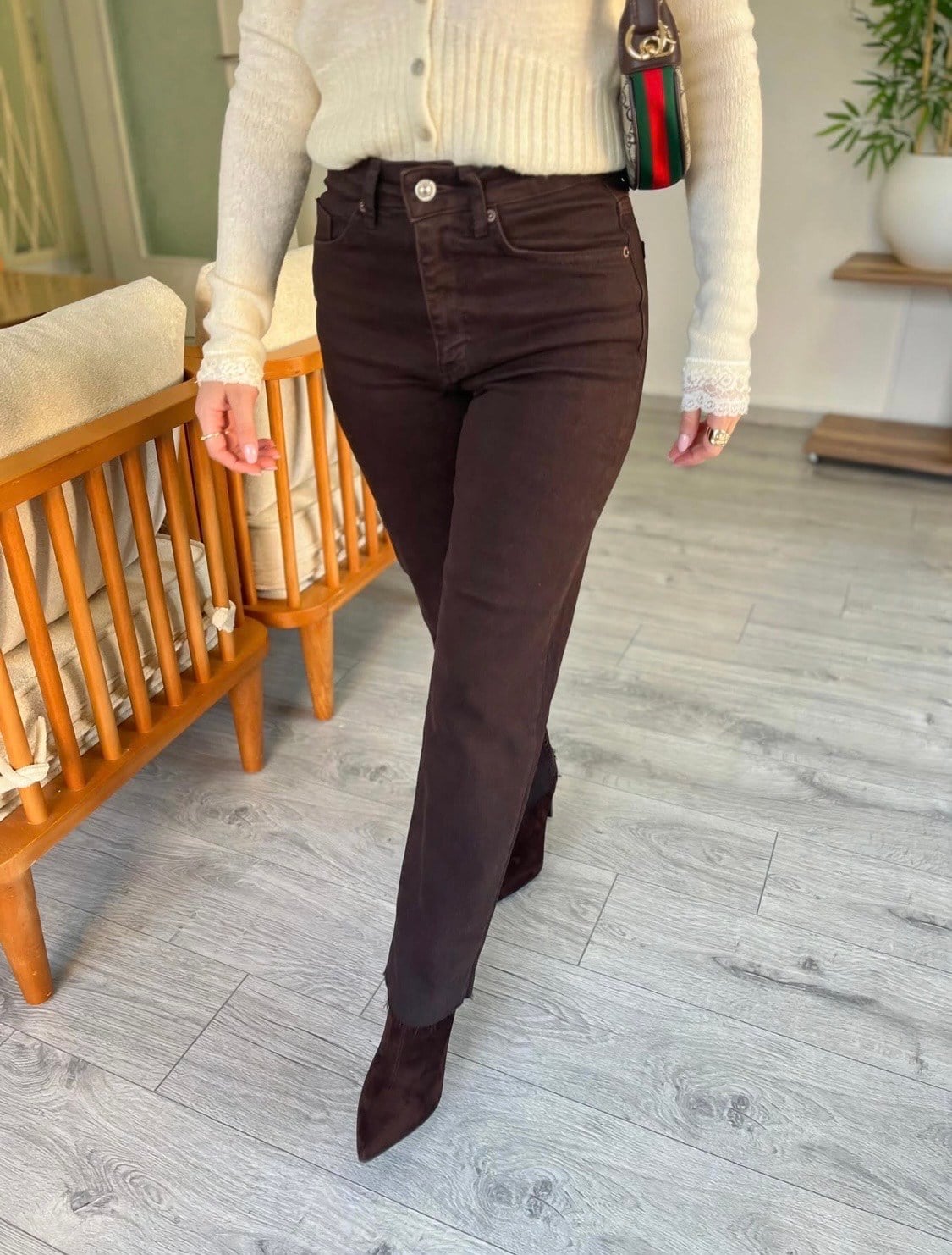 Kahve Yüksek Bel Boyfit Jean