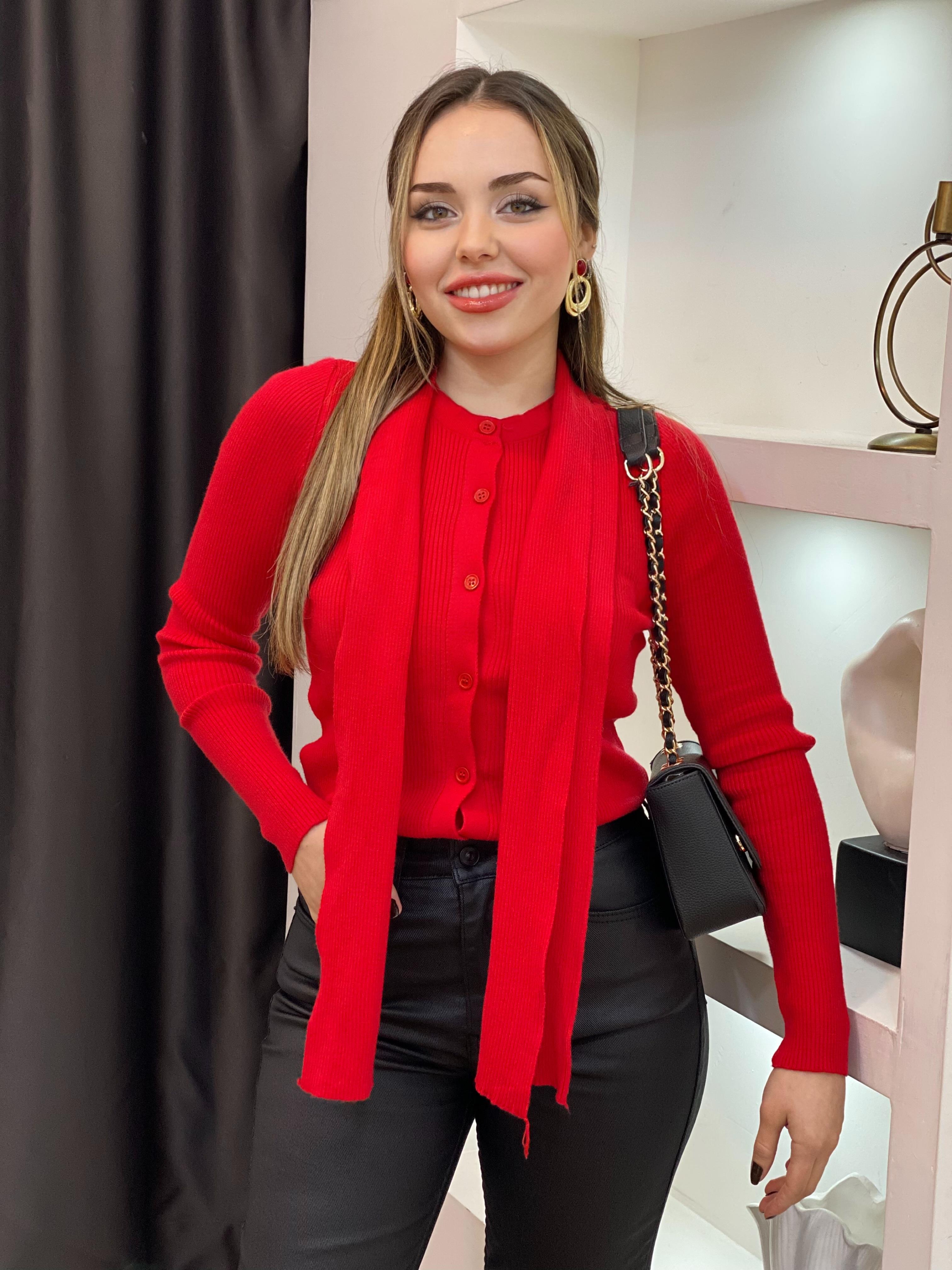 Kırmızı Atkı Detaylı Premium Elit Triko Hırka 