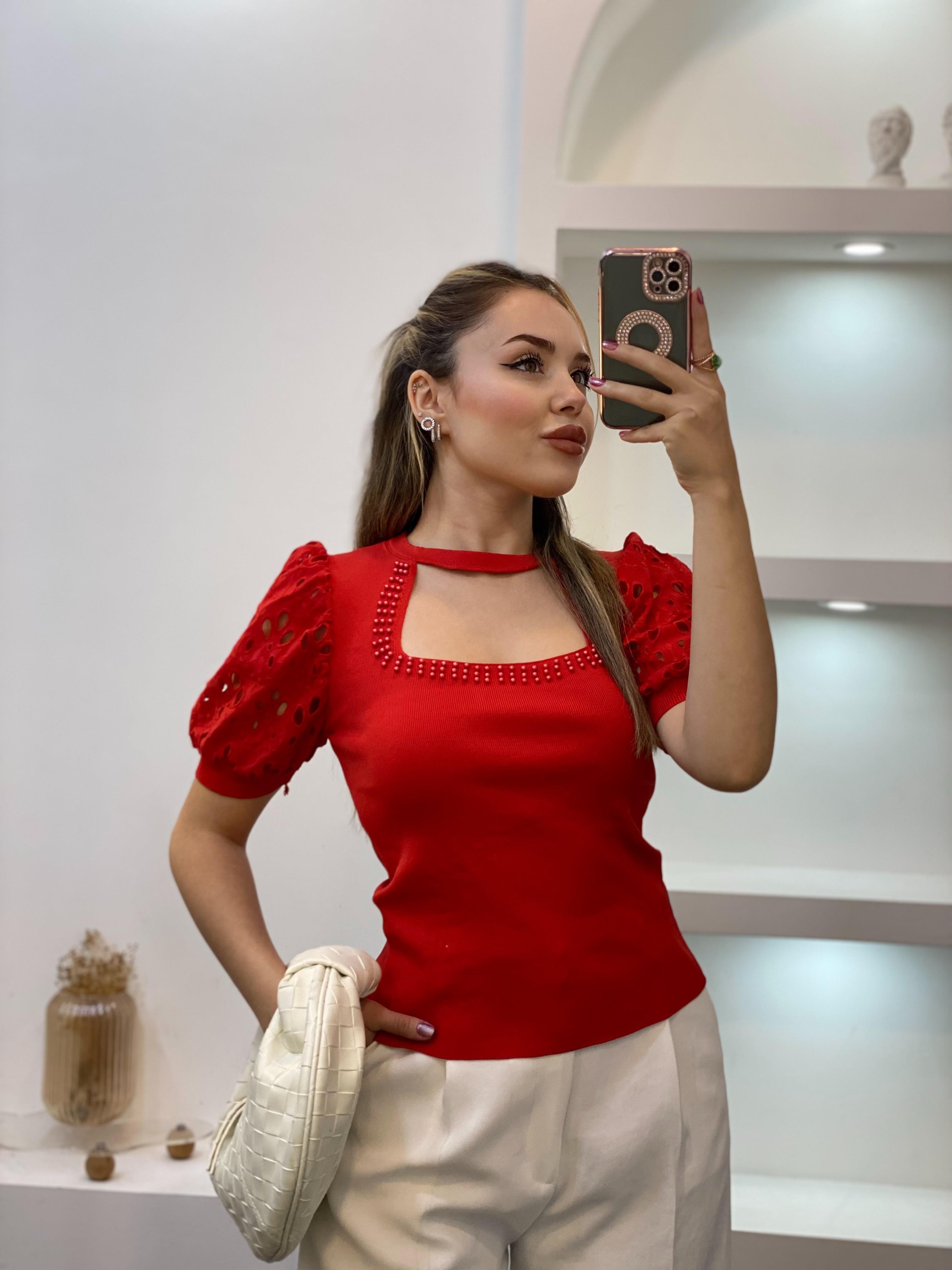 Kırmızı Fisto Kol Önü Pencereli Model Triko