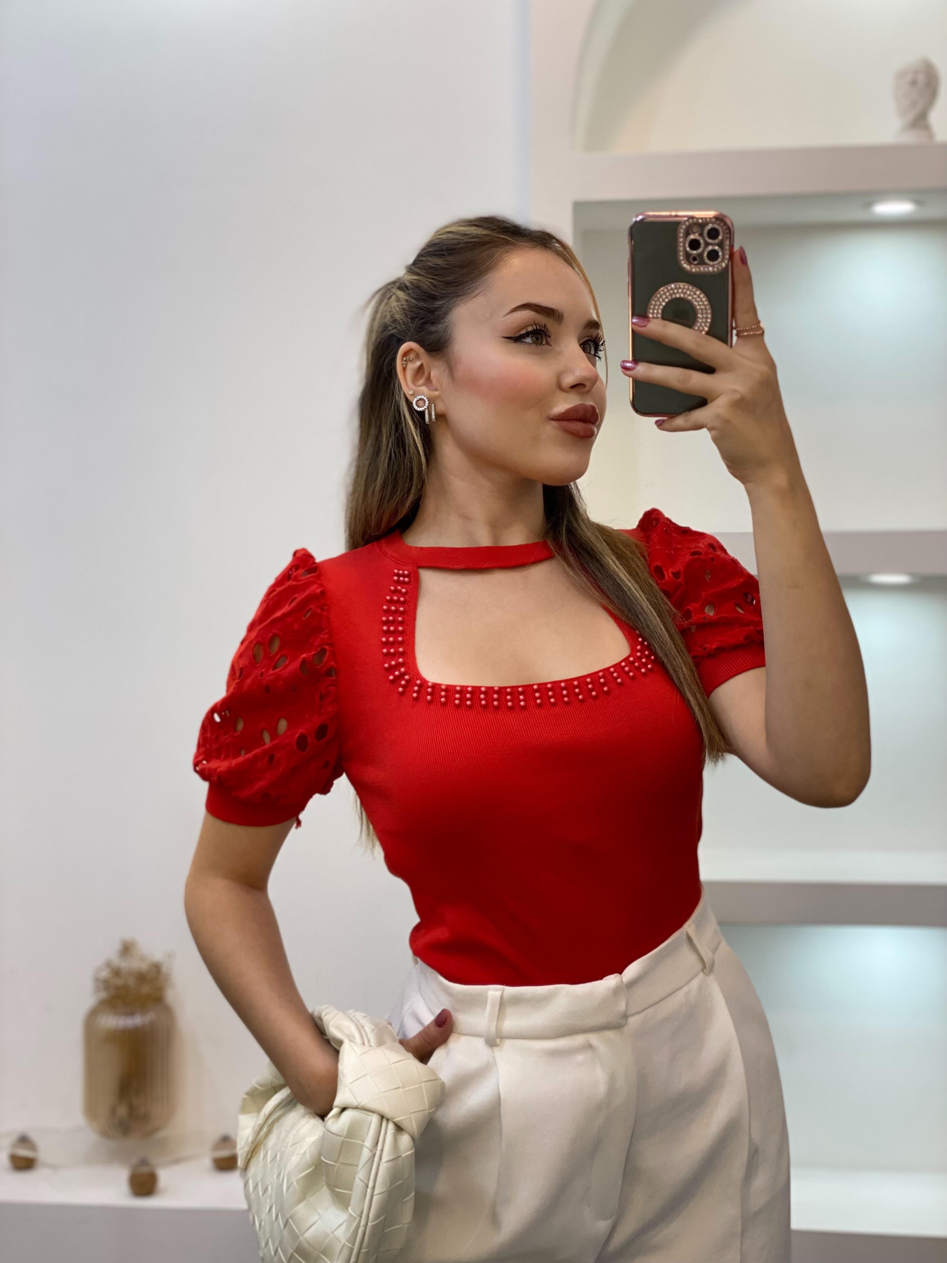 Kırmızı Fisto Kol Önü Pencereli Model Triko