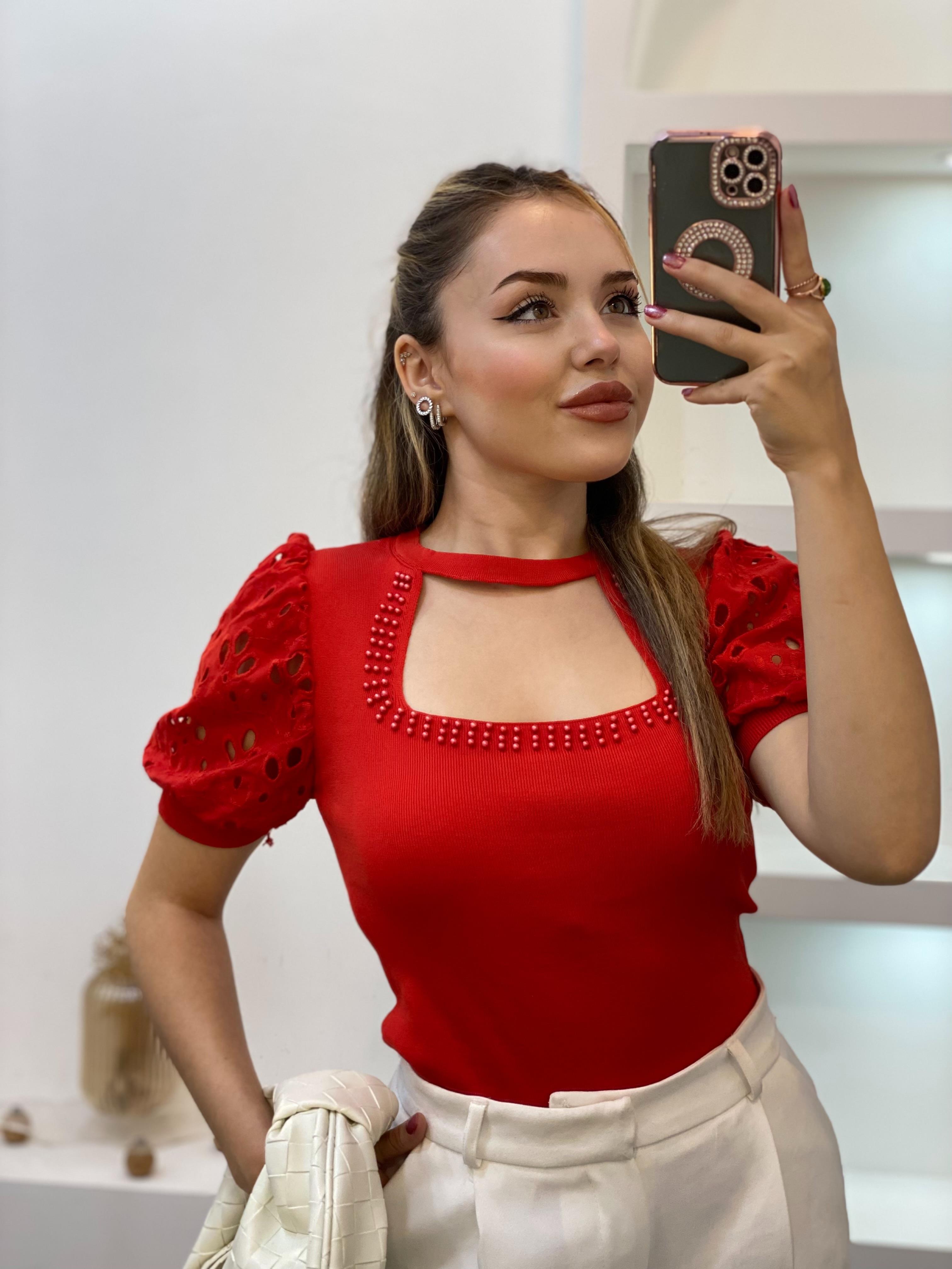 Kırmızı Fisto Kol Önü Pencereli Model Triko