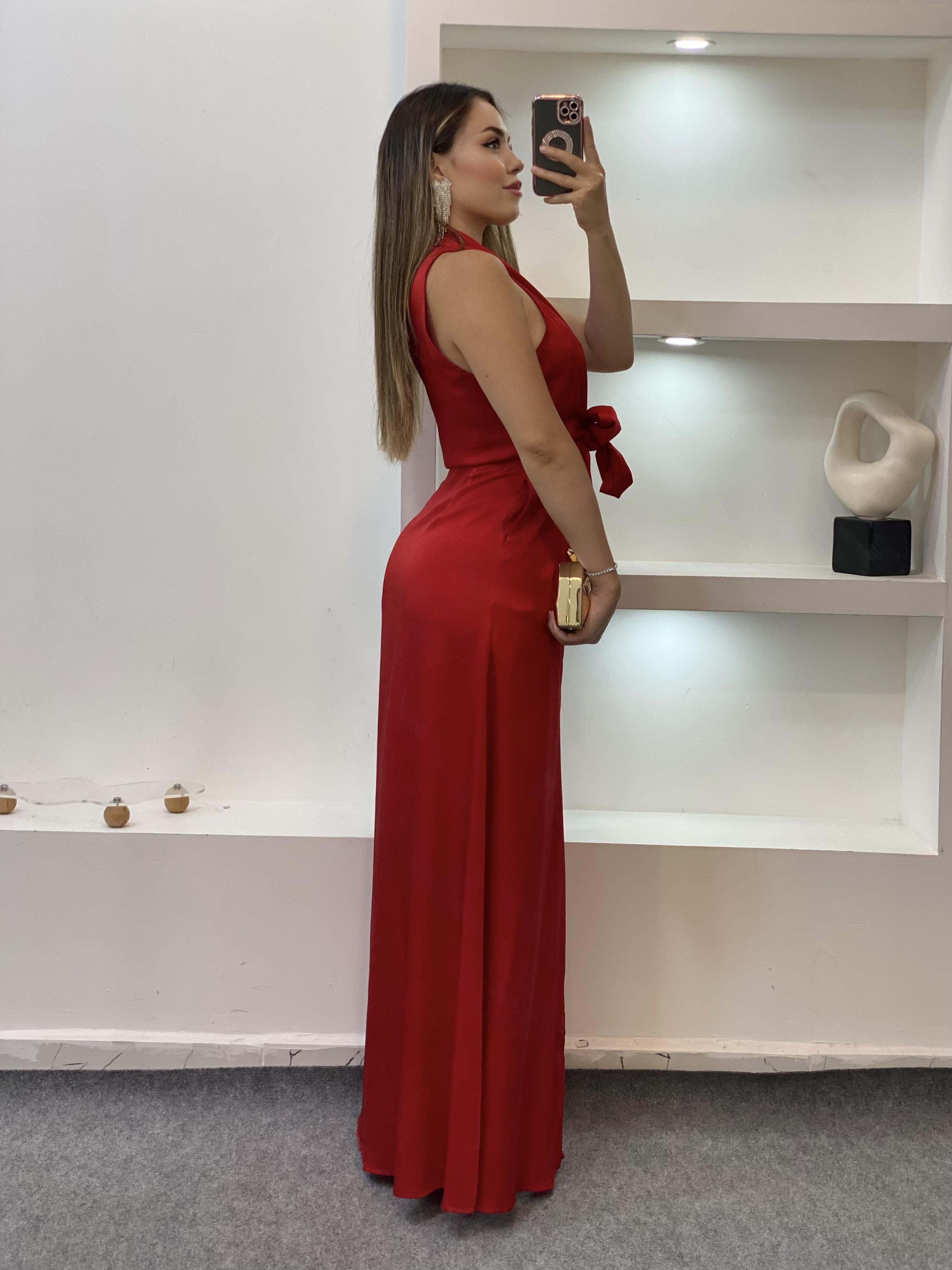 Kırmızı Maxi Boy Önü Bağlamalı Model Elbise