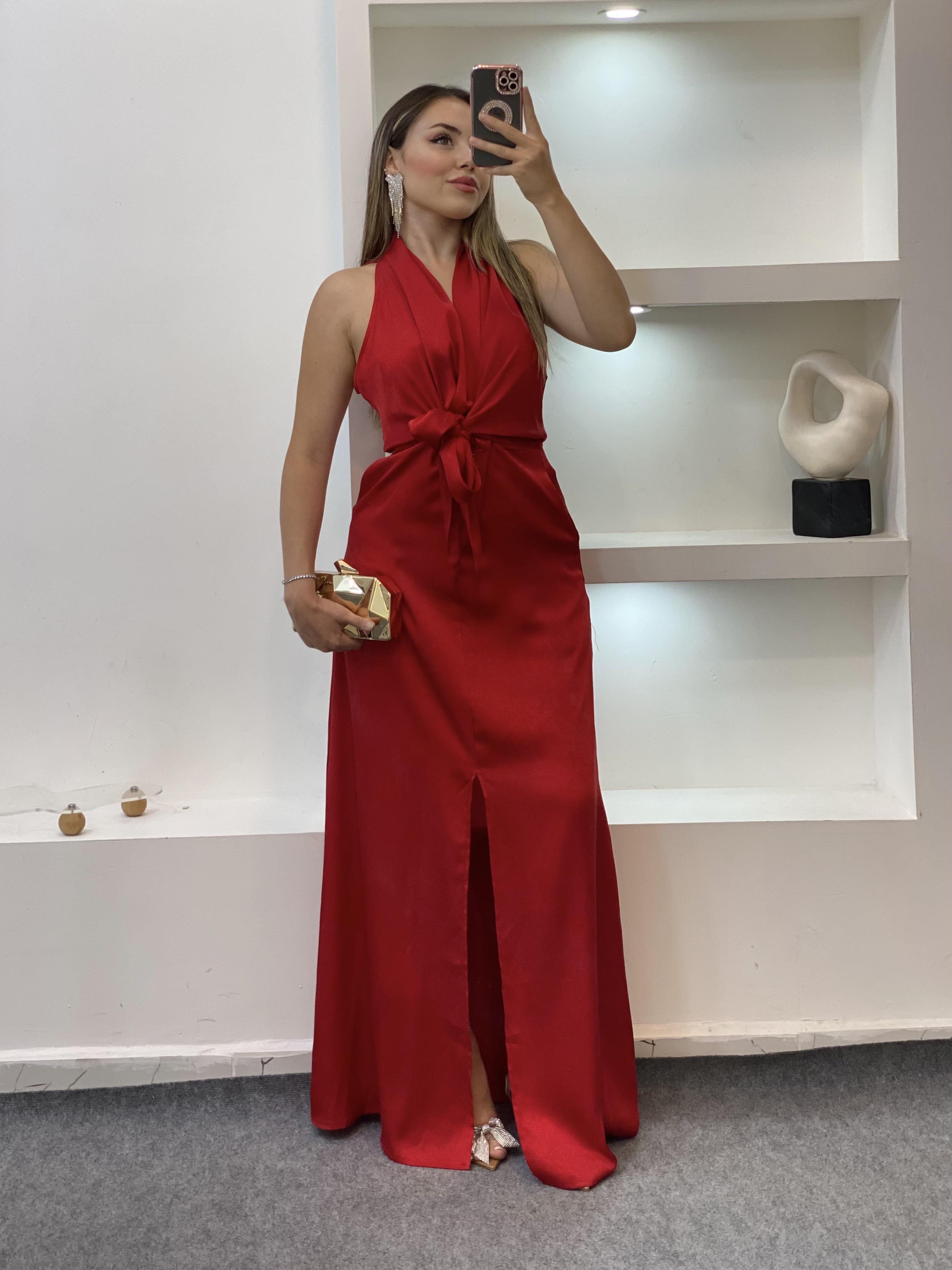 Kırmızı Maxi Boy Önü Bağlamalı Model Elbise