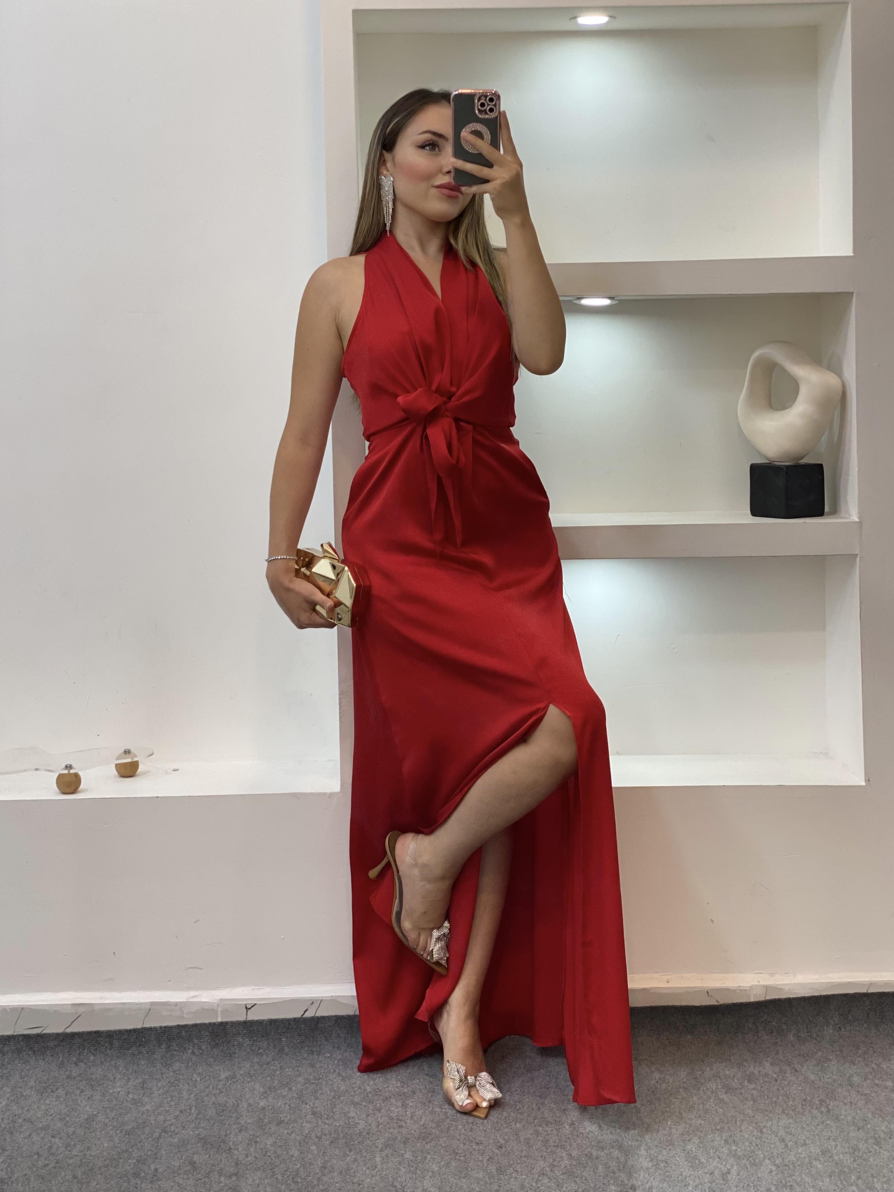 Kırmızı Maxi Boy Önü Bağlamalı Model Elbise