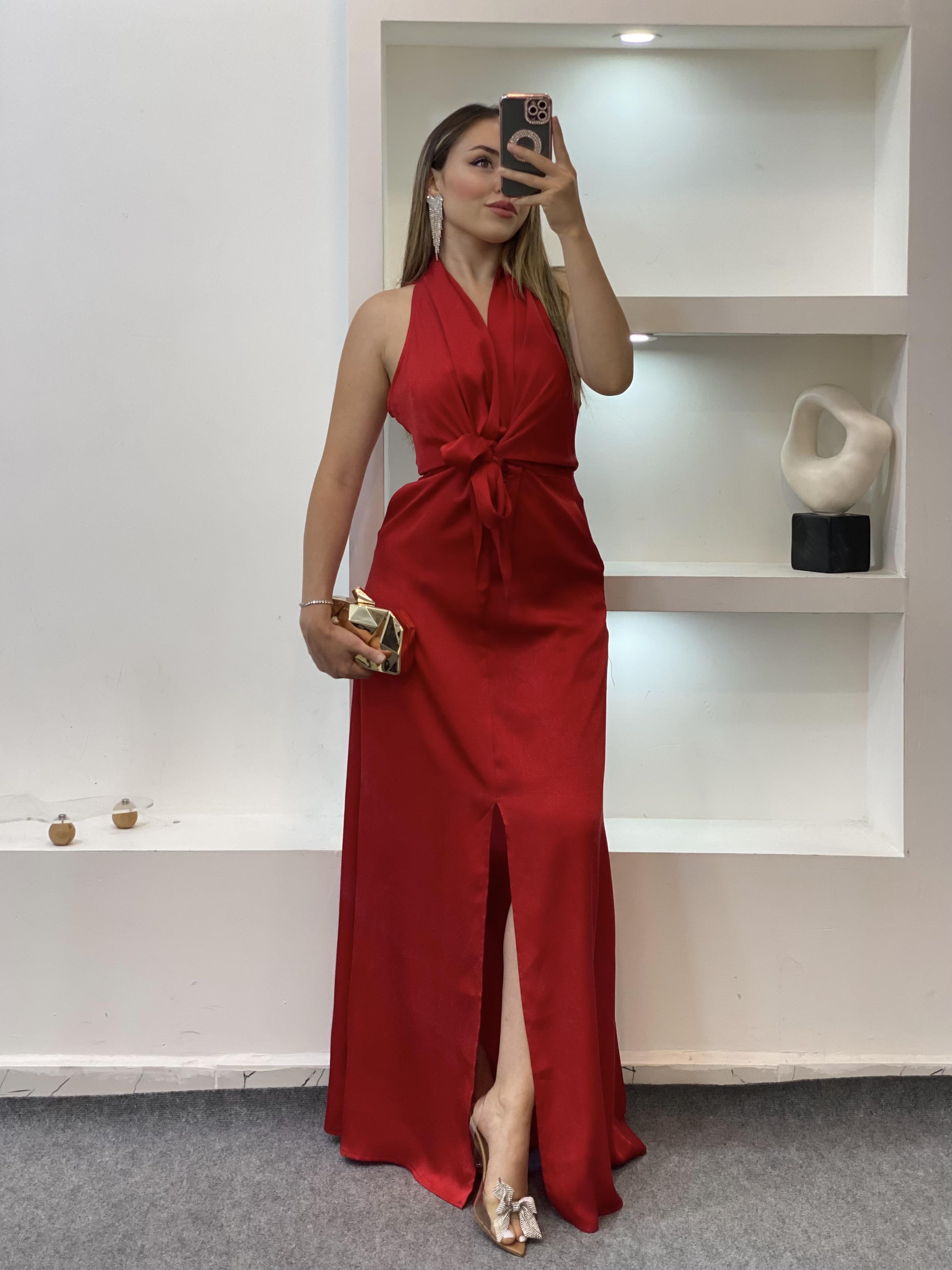 Kırmızı Maxi Boy Önü Bağlamalı Model Elbise