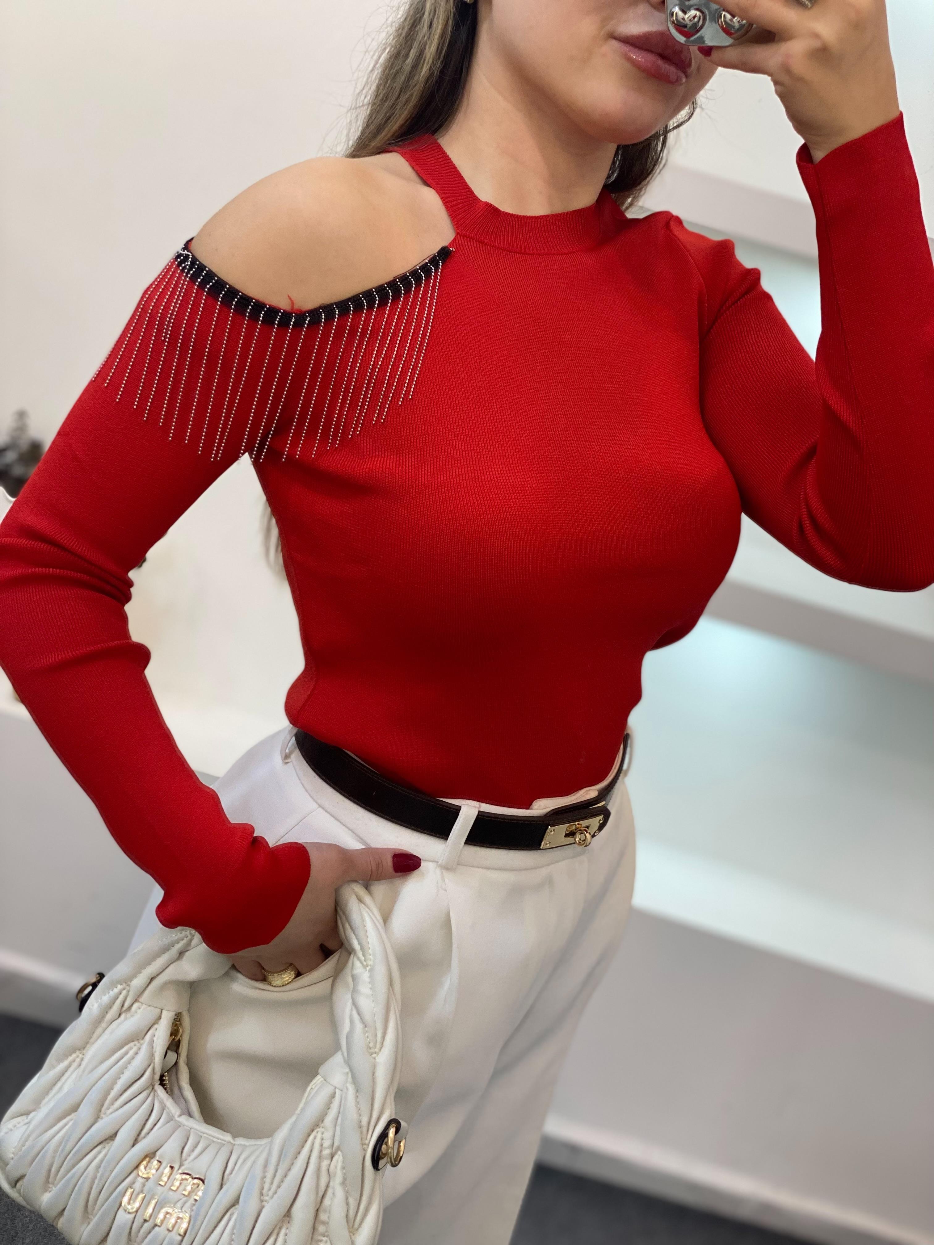 Kırmızı Omuzları Zincir Detay Pencereli Model Triko Bluz