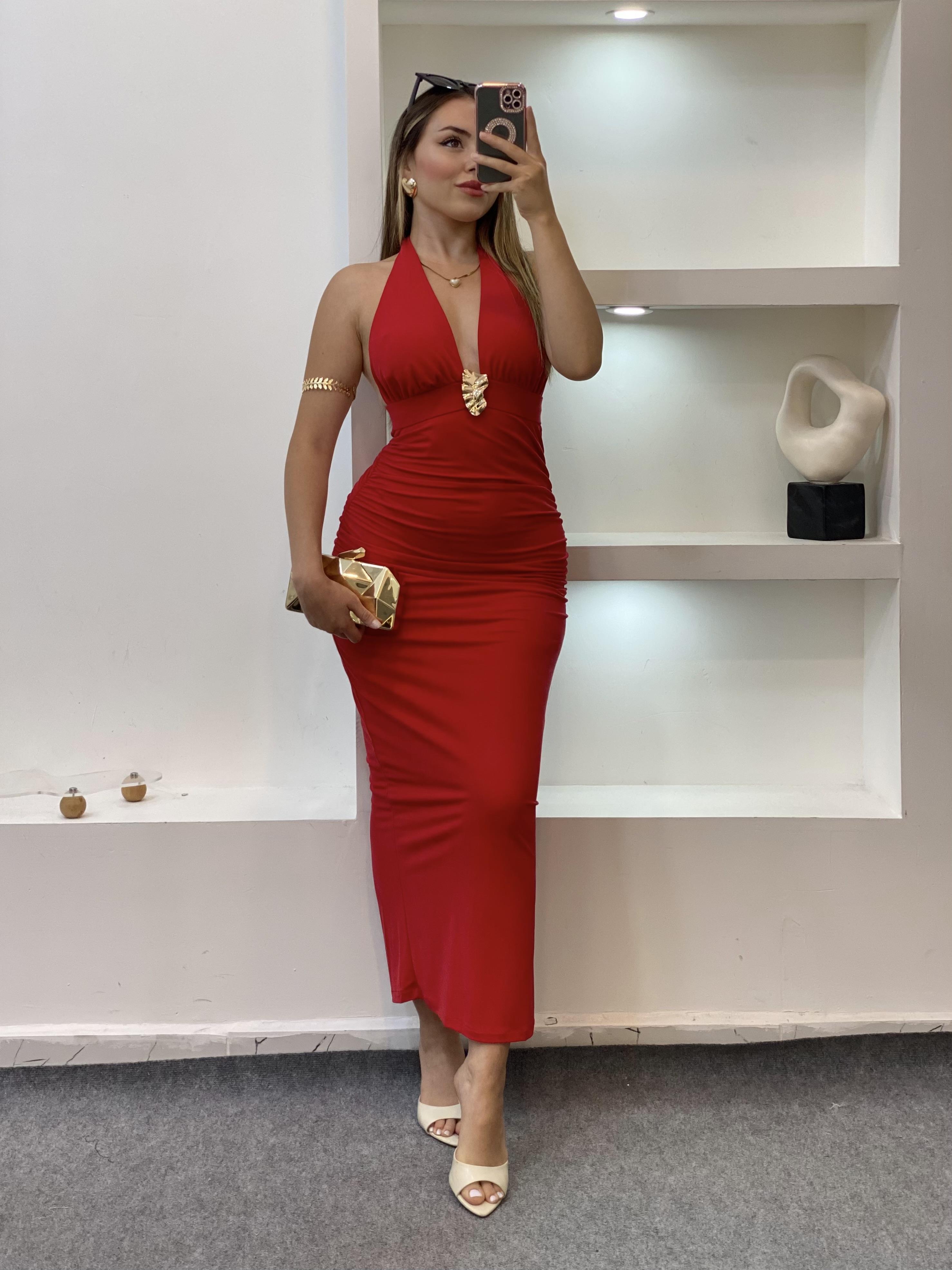 Kırmızı Premium Kalite Sırt Dekolteli Elbise
