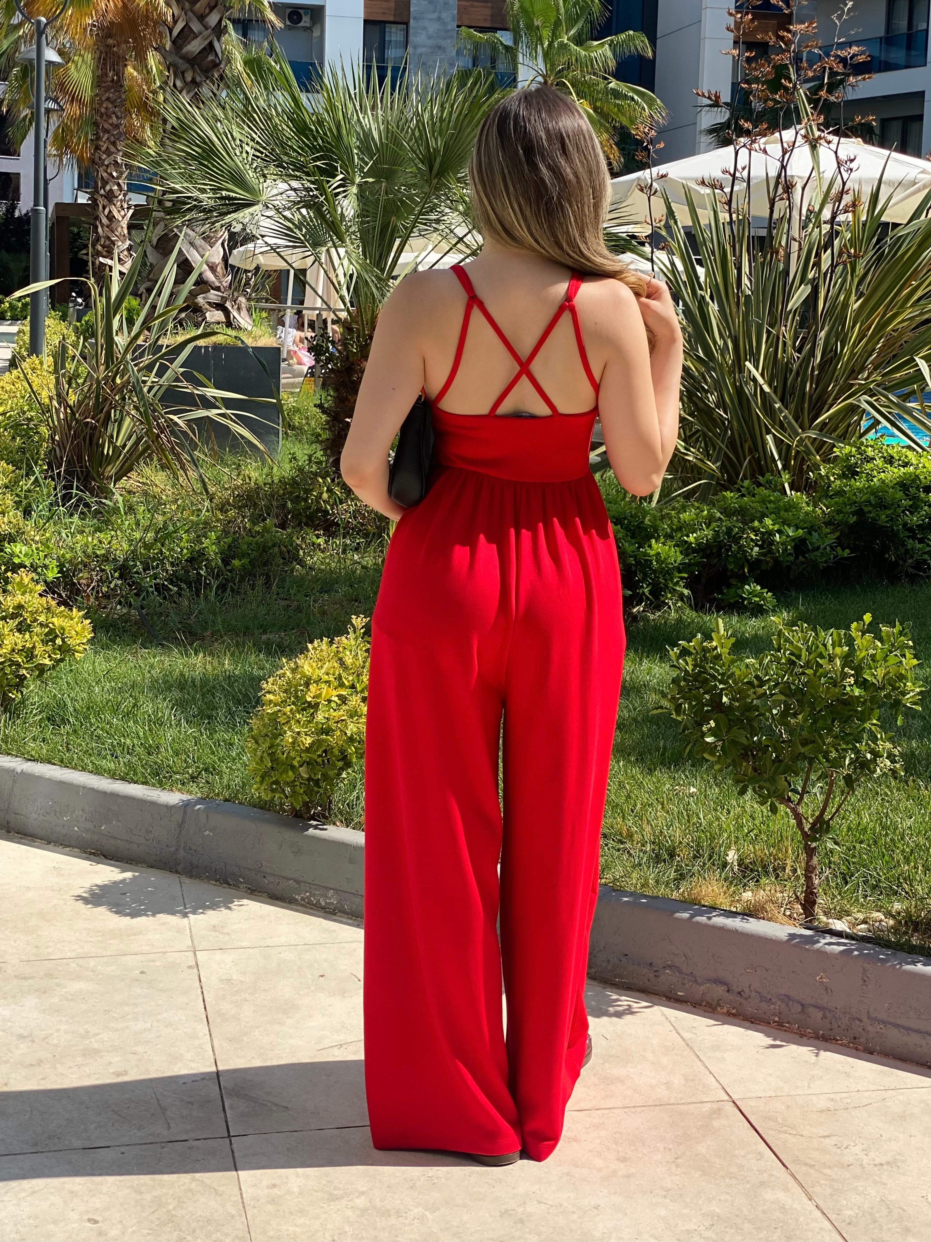 Kırmızı Sırt Çapraz Model Viskon Tulum