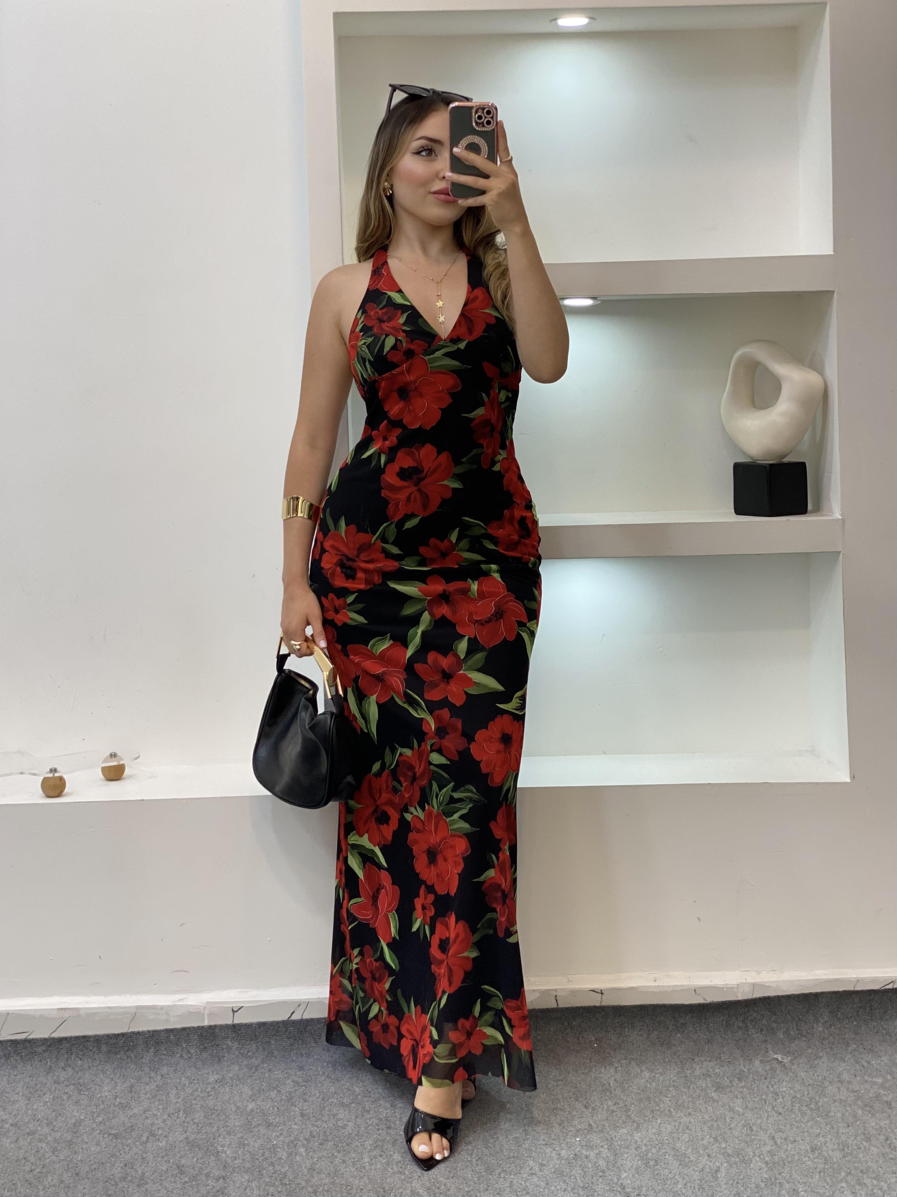 Kırmızı Siyah Çiçek Desenli Sırt Dekolteli Floral Elbise
