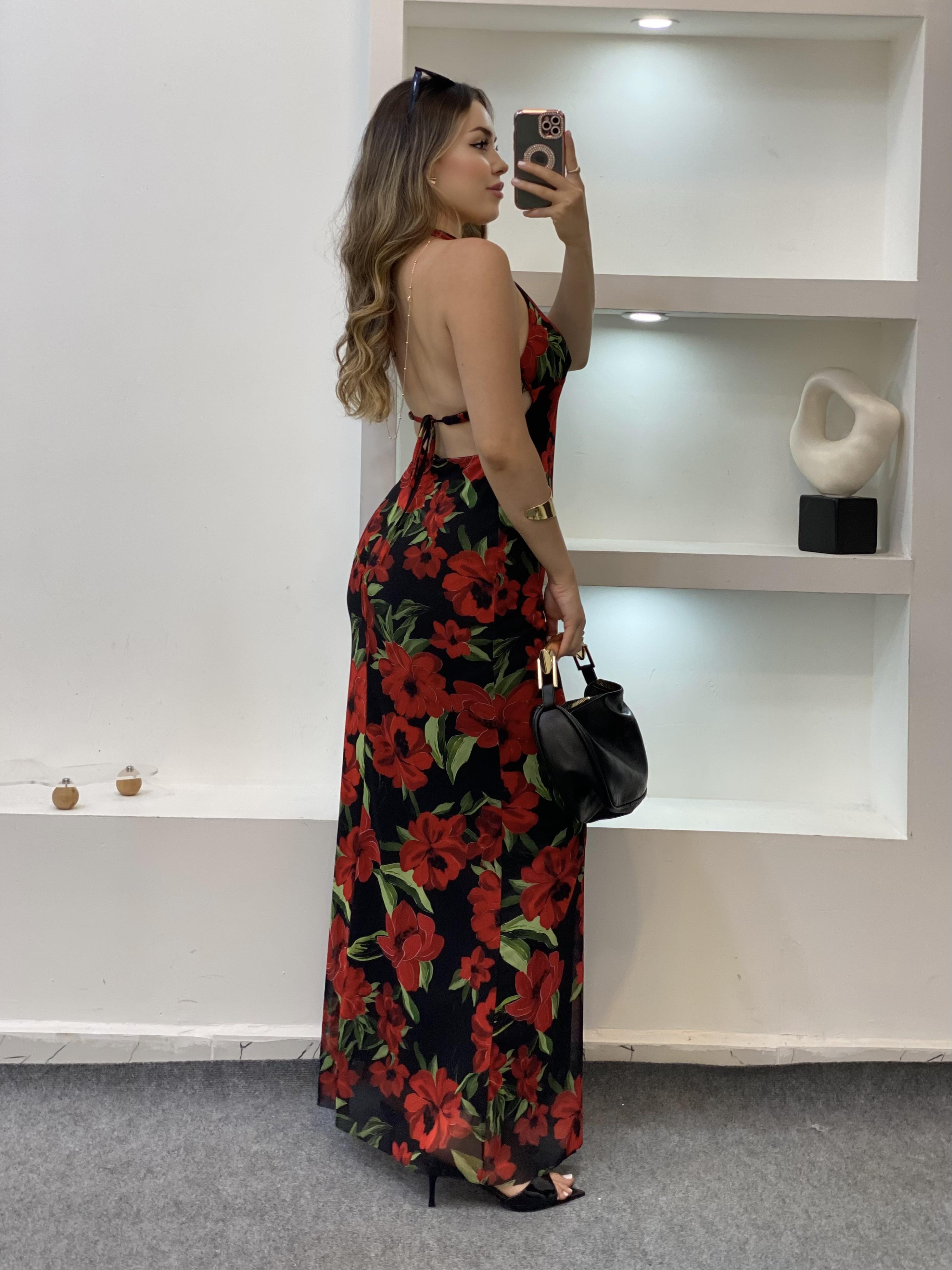 Kırmızı Siyah Çiçek Desenli Sırt Dekolteli Floral Elbise