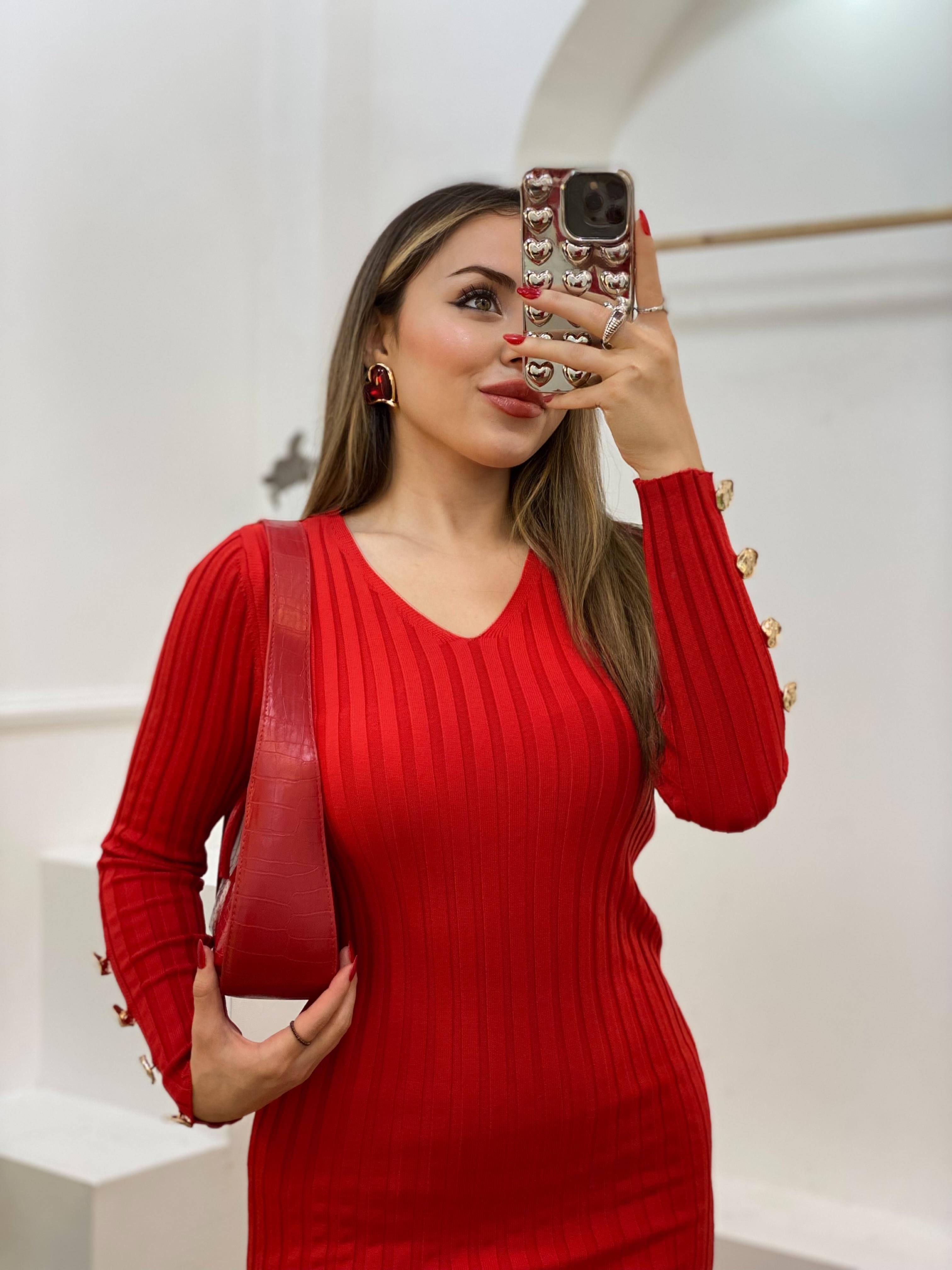 Kırmızı V Yaka Bilek Gold Düğmeli Triko Elbise