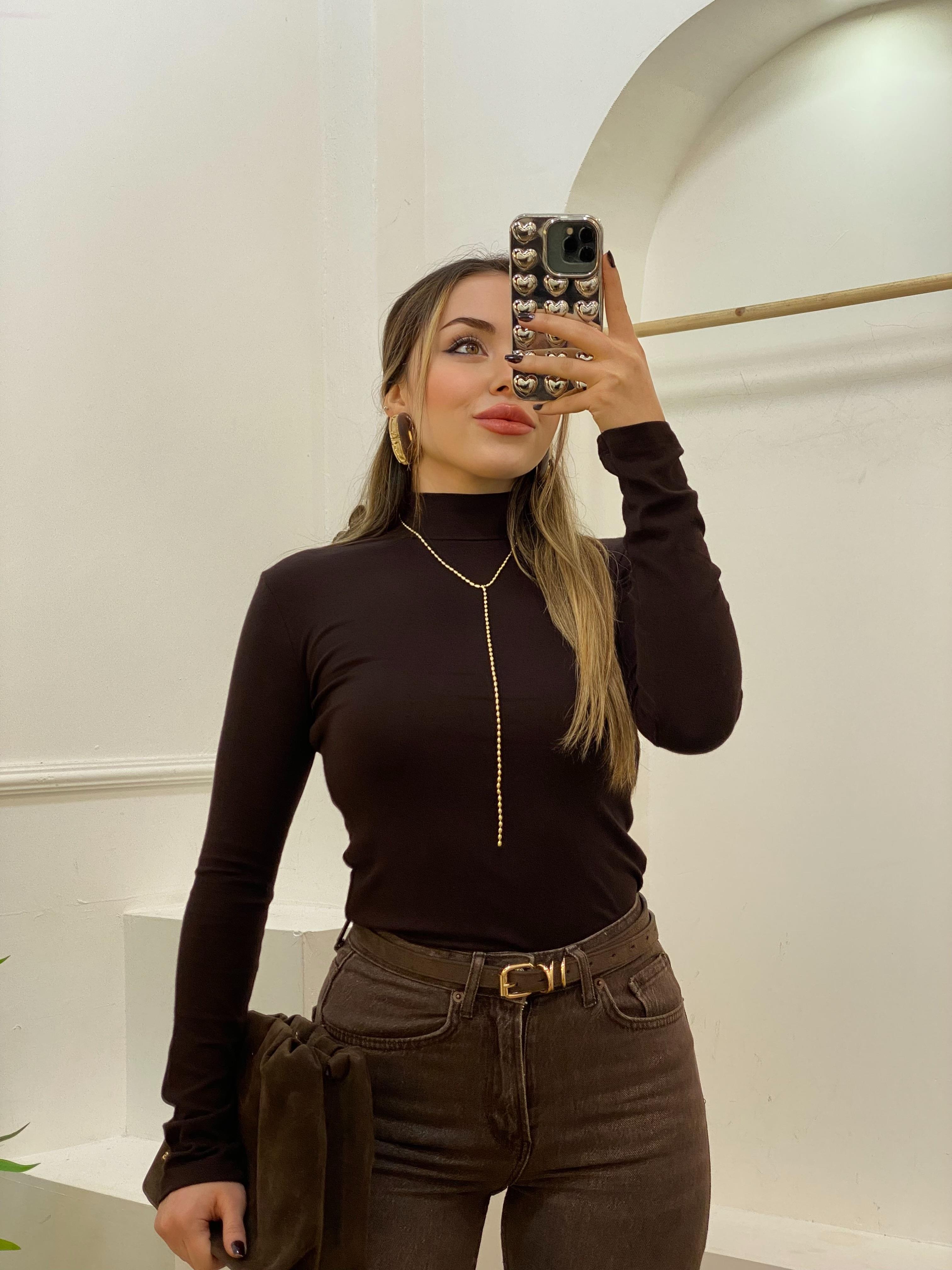 Koyu Kahve Renk Yarım Boğazlı Modal Kumaş Basic Bluz
