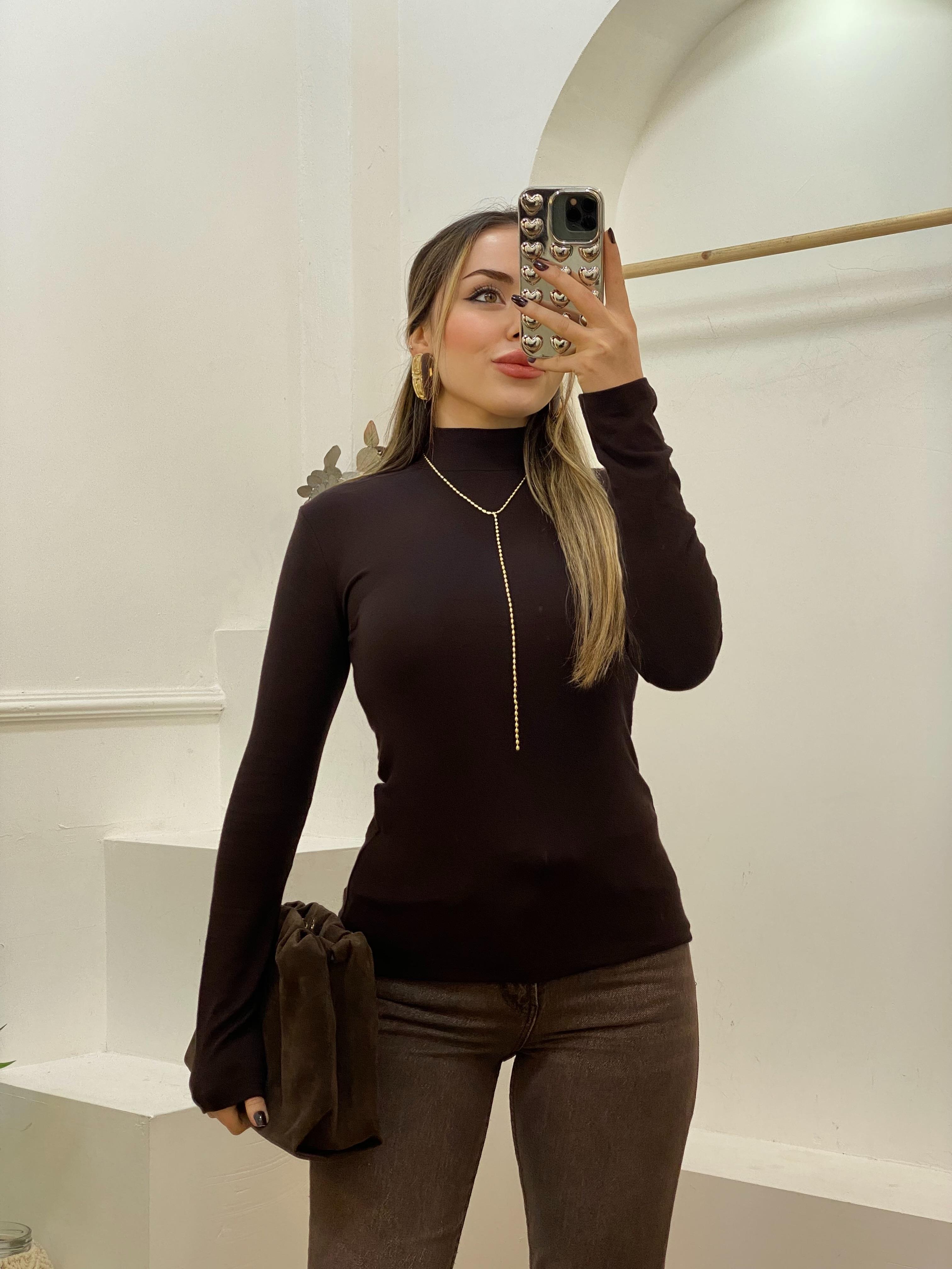 Koyu Kahve Renk Yarım Boğazlı Modal Kumaş Basic Bluz