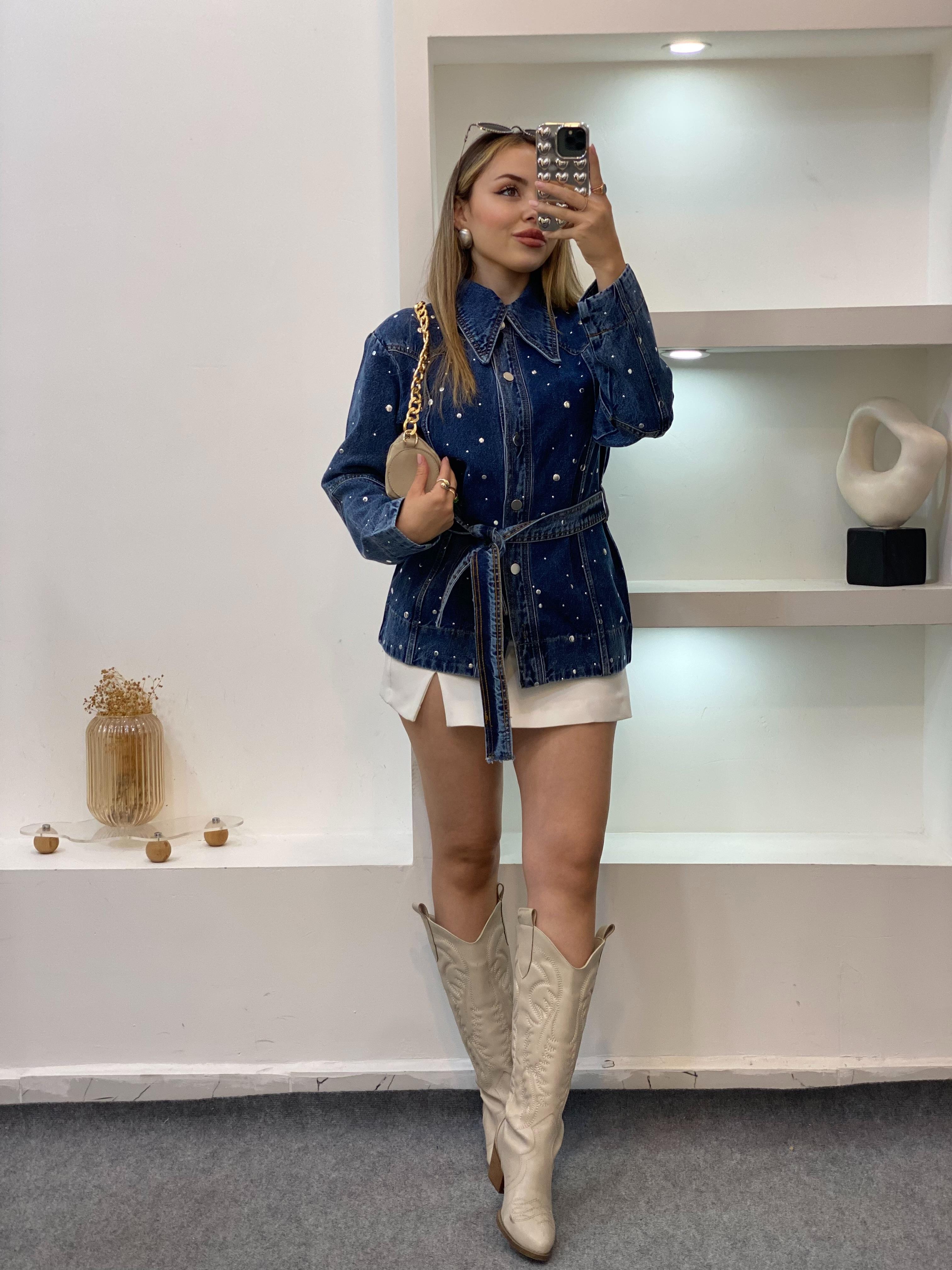Laci Kuşaklı Model Droplu Kot Ceket 