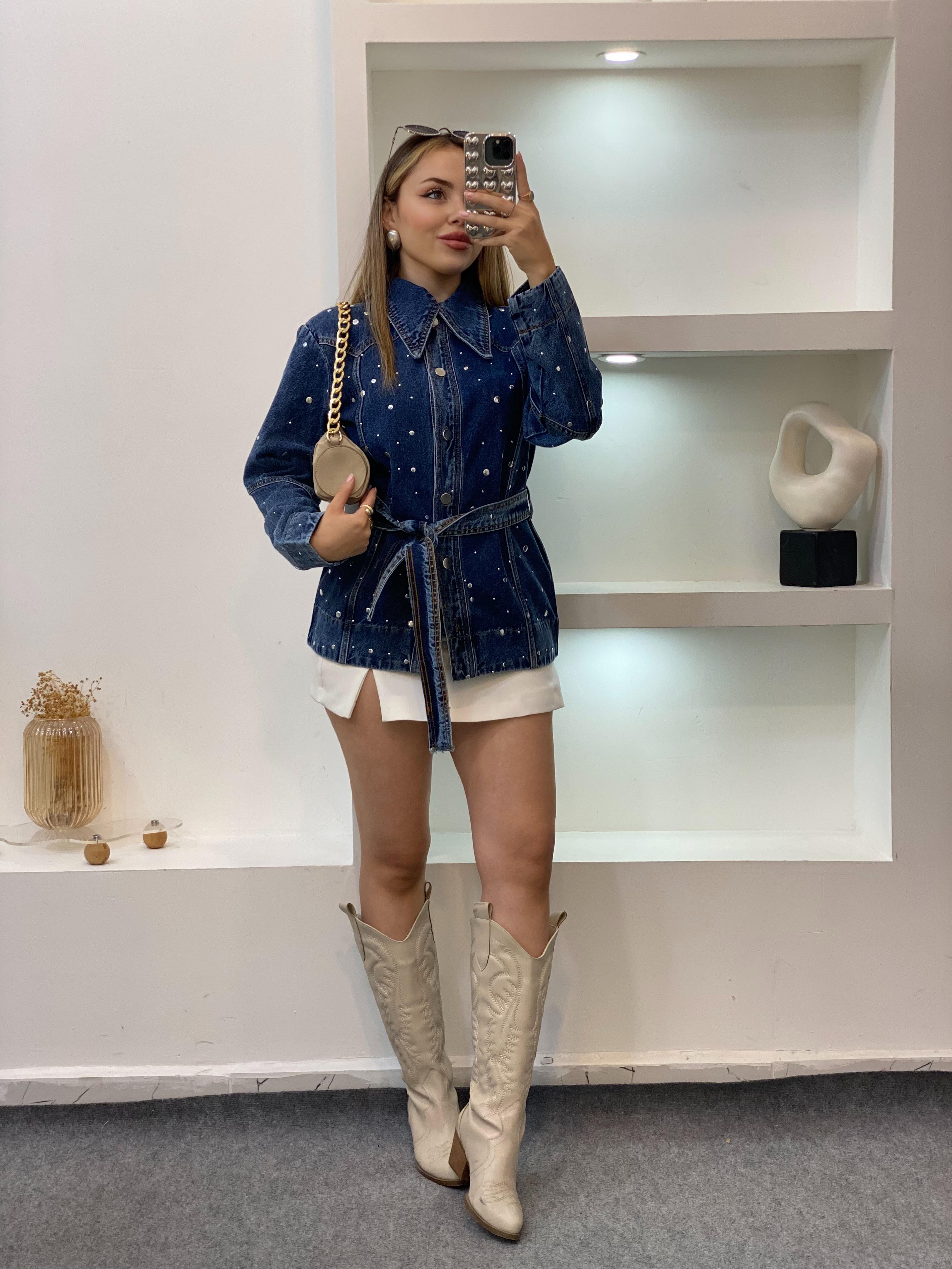 Laci Kuşaklı Model Droplu Kot Ceket 