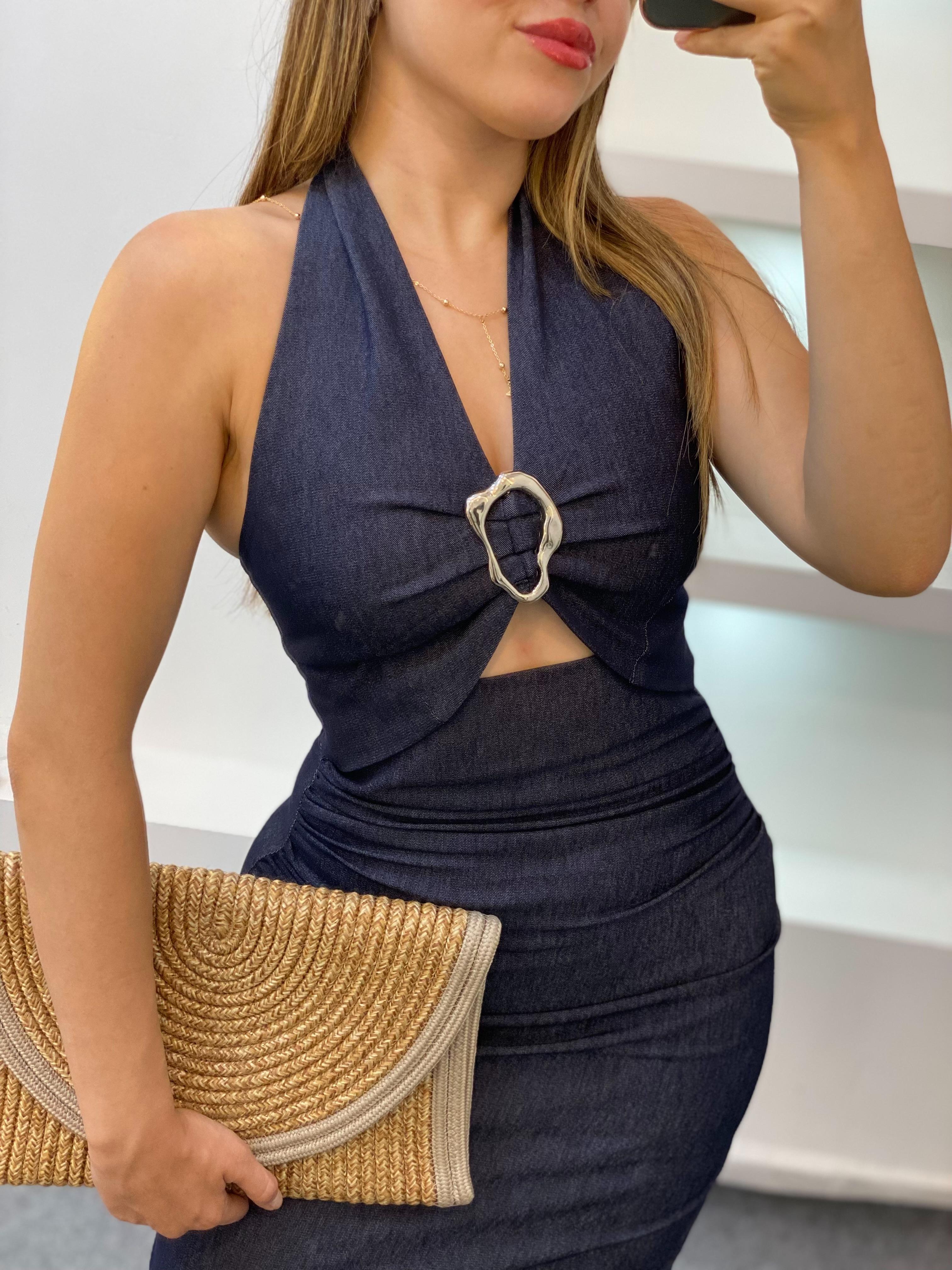 Laci Toka Detaylı Likralı Jean Elbise
