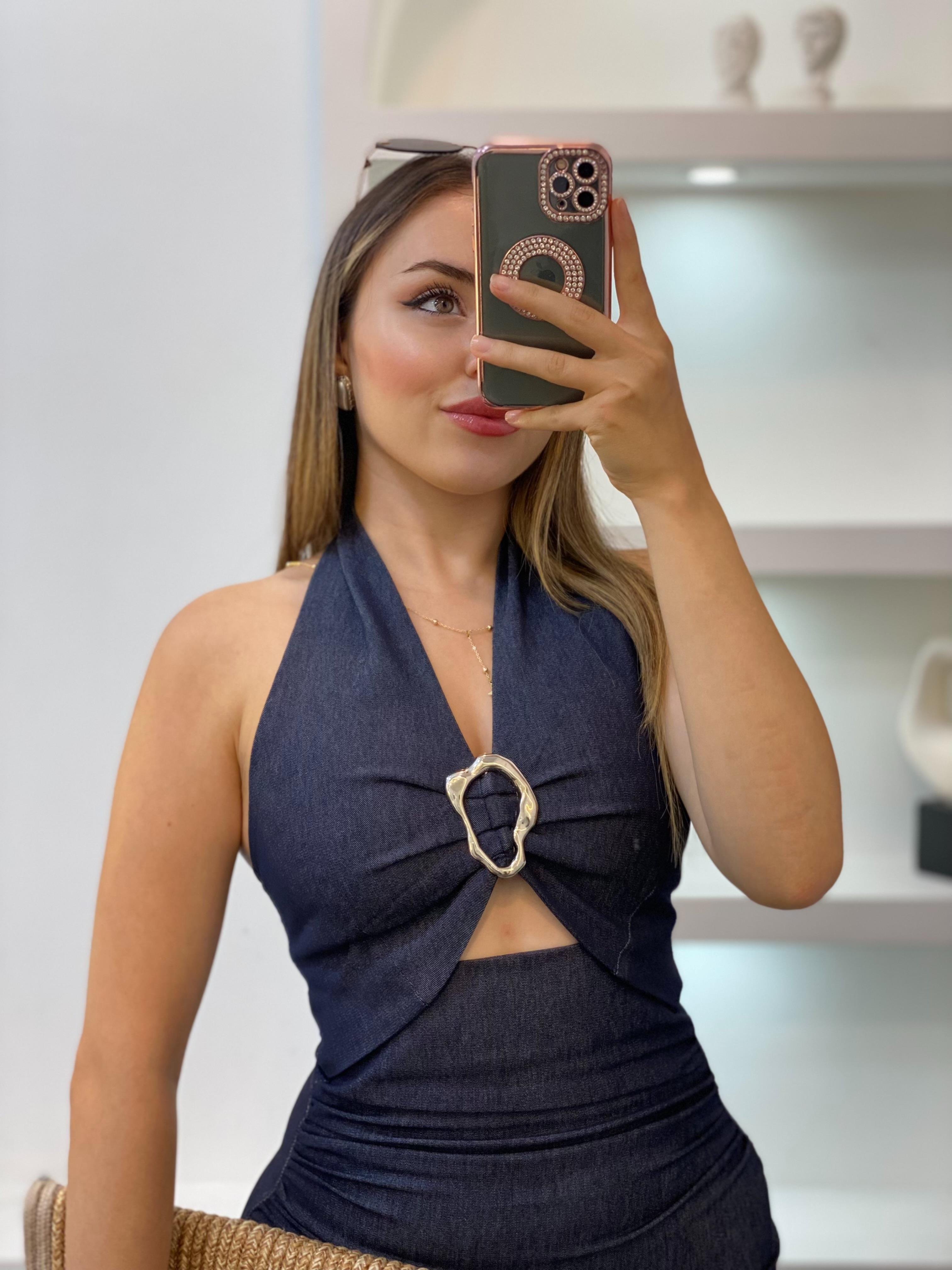 Laci Toka Detaylı Likralı Jean Elbise
