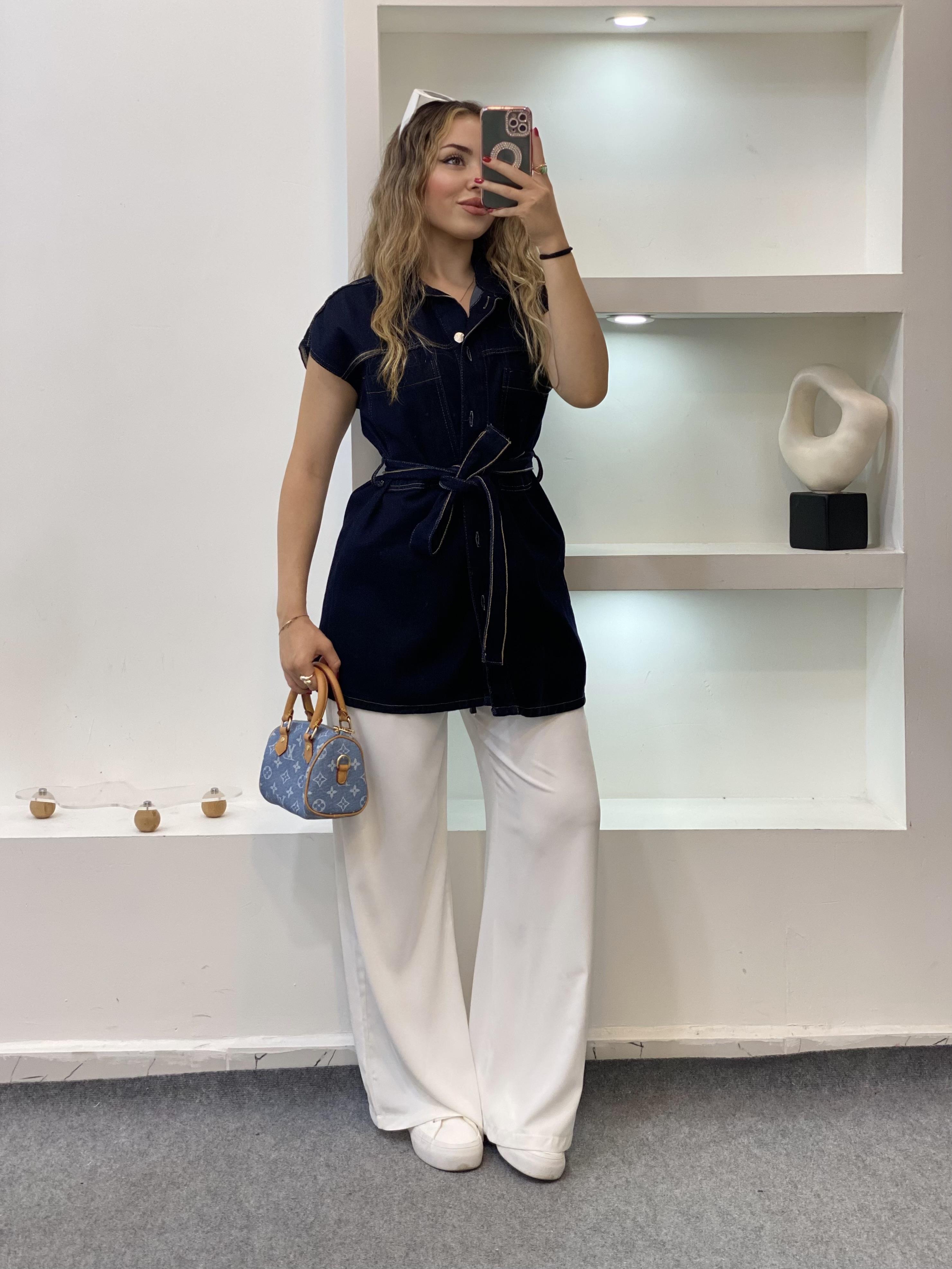 Lacivert Denim Kuşaklı Yelek