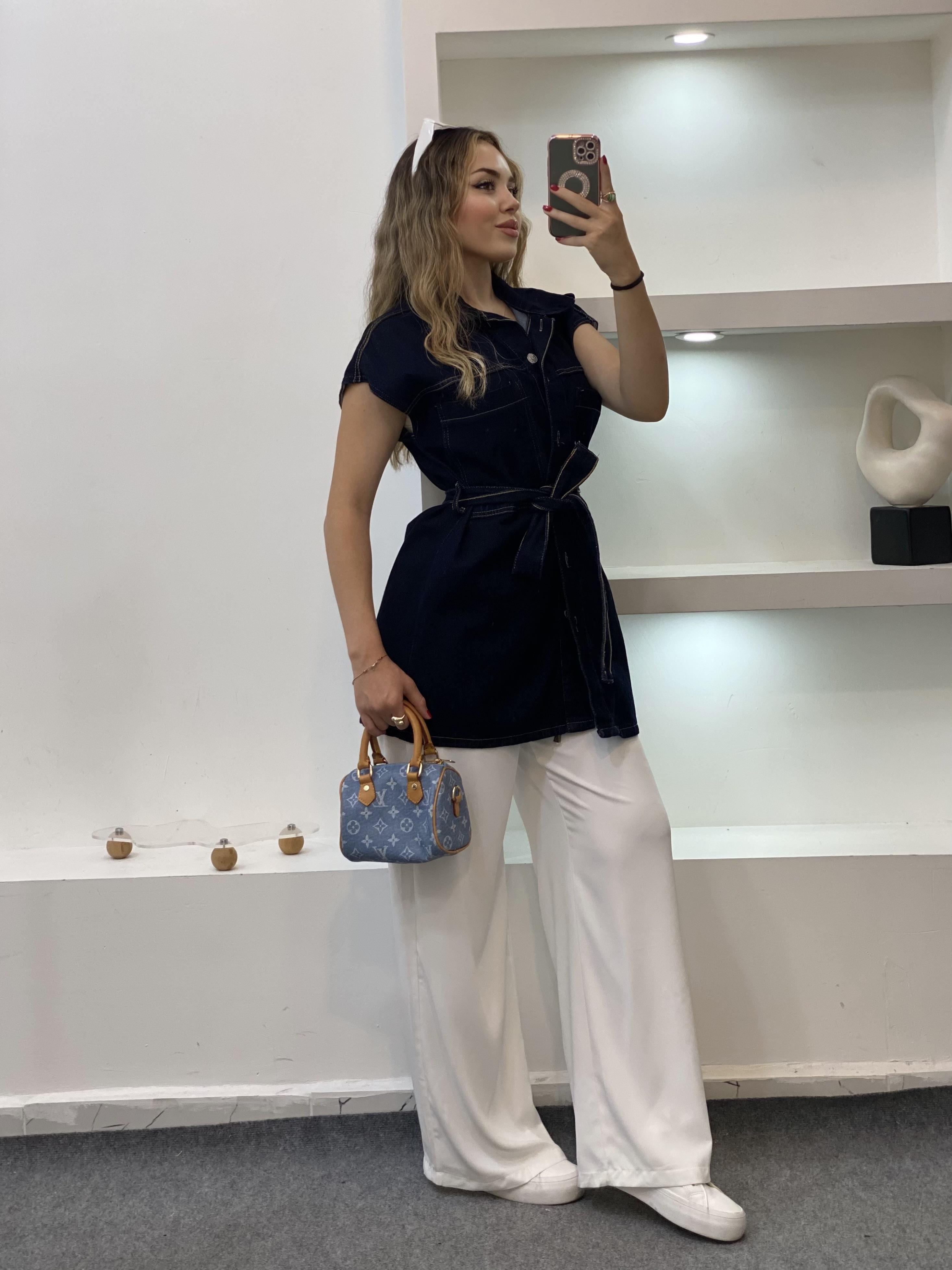 Lacivert Denim Kuşaklı Yelek