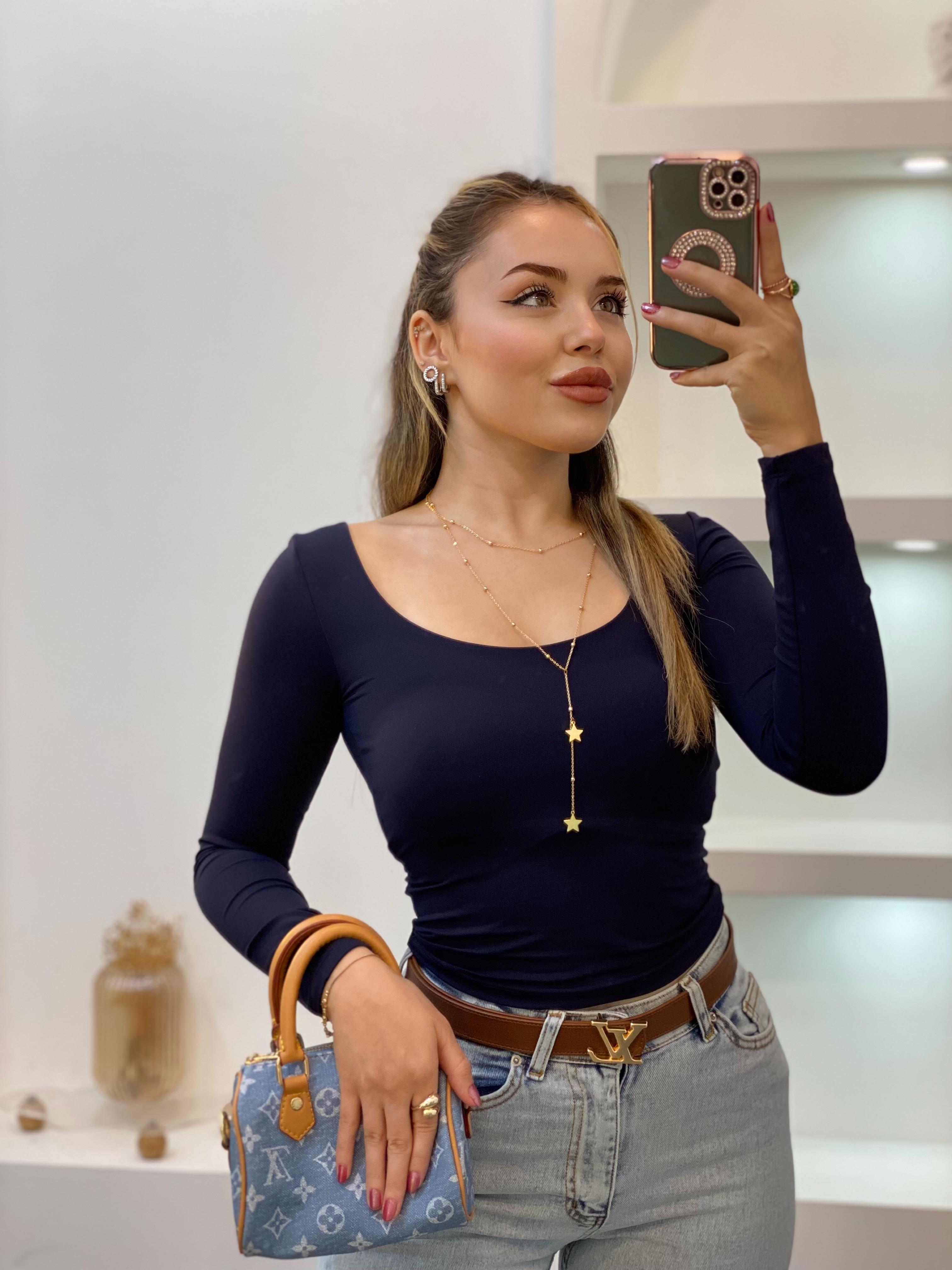 Lacivert Geniş Yaka Scuba Bluz