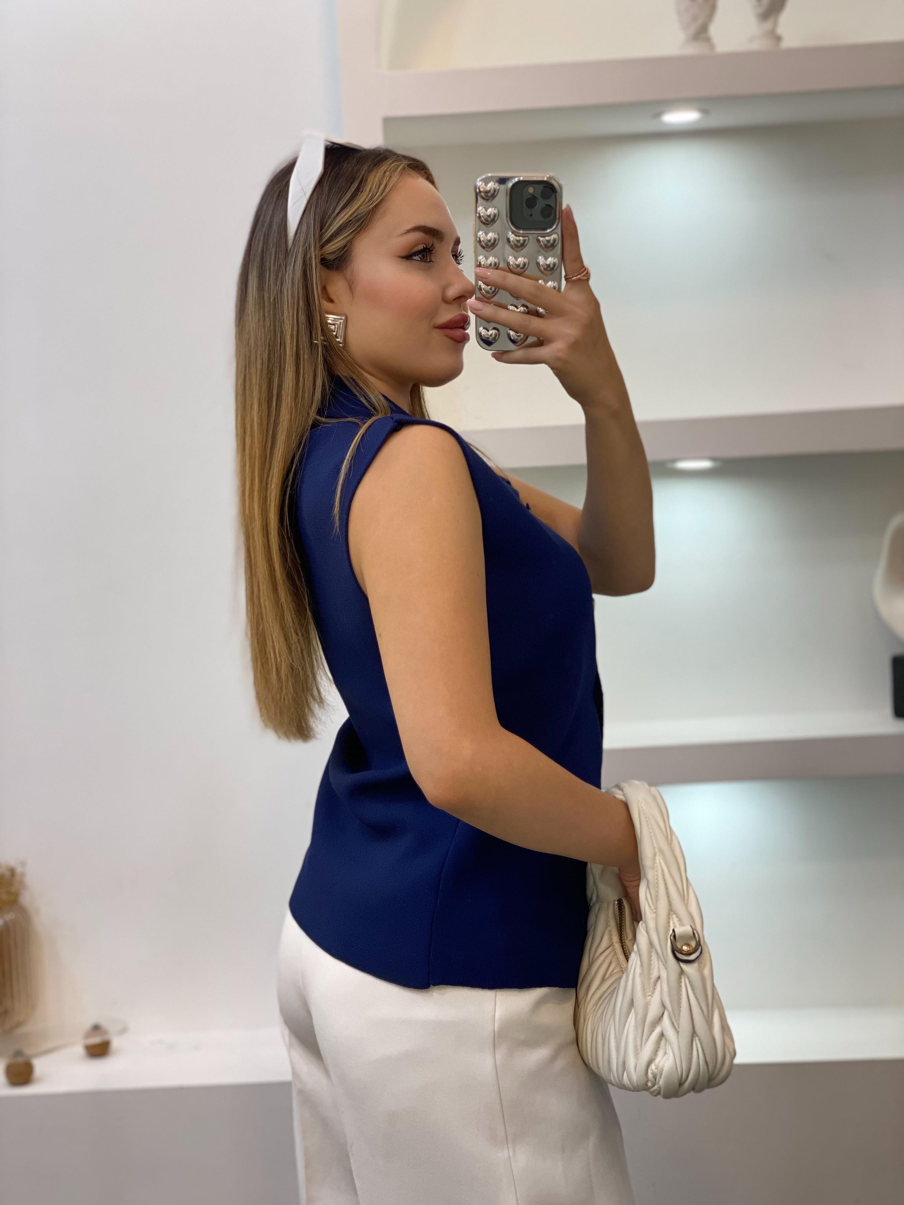 Lacivert Gold Düğmeli Triko