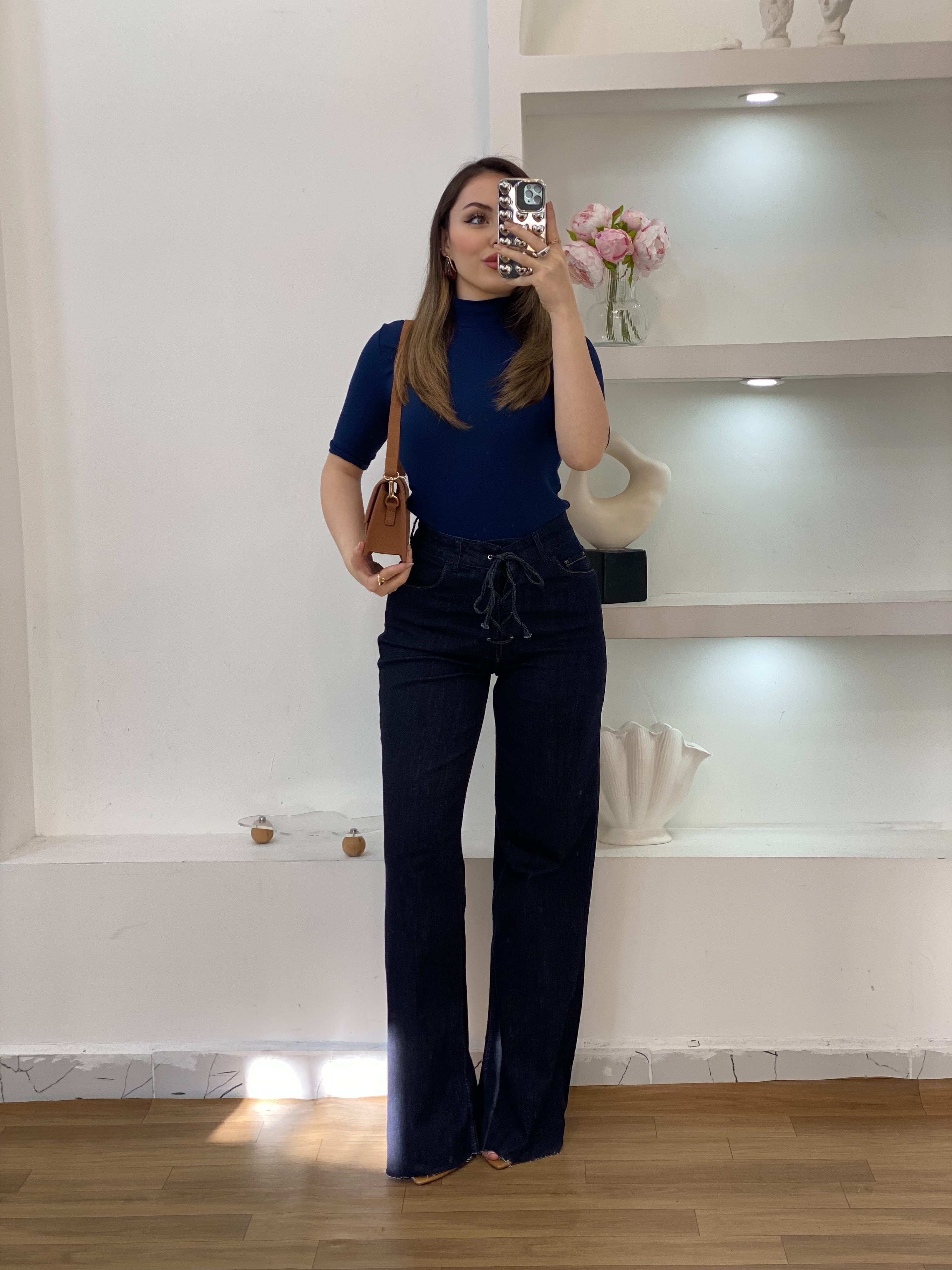 Lacivert Likralı Premium Yarım Boğazlı Bluz