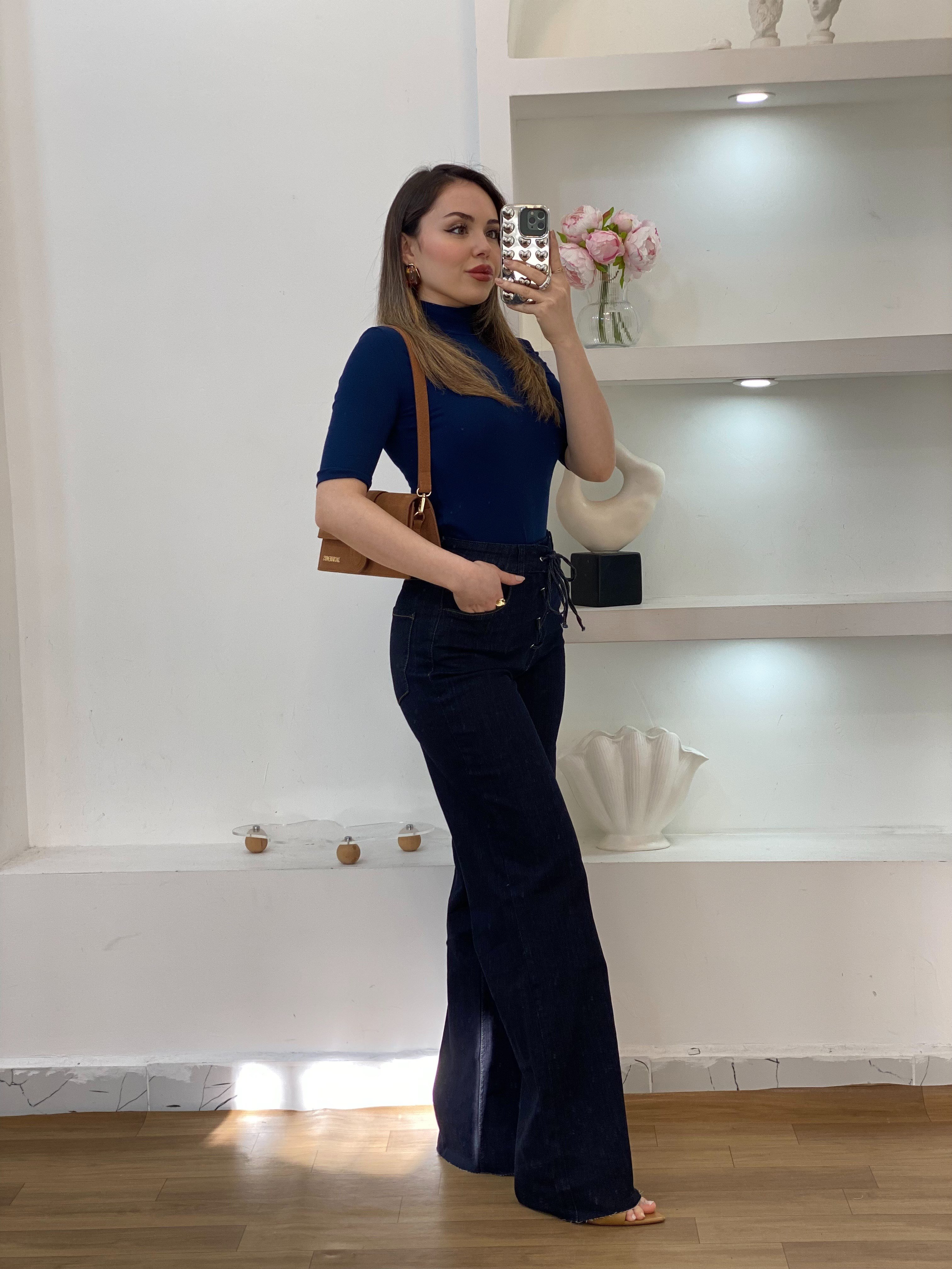 Lacivert Likralı Yüksek Bel Önü Çapraz Bağlamalı Jean